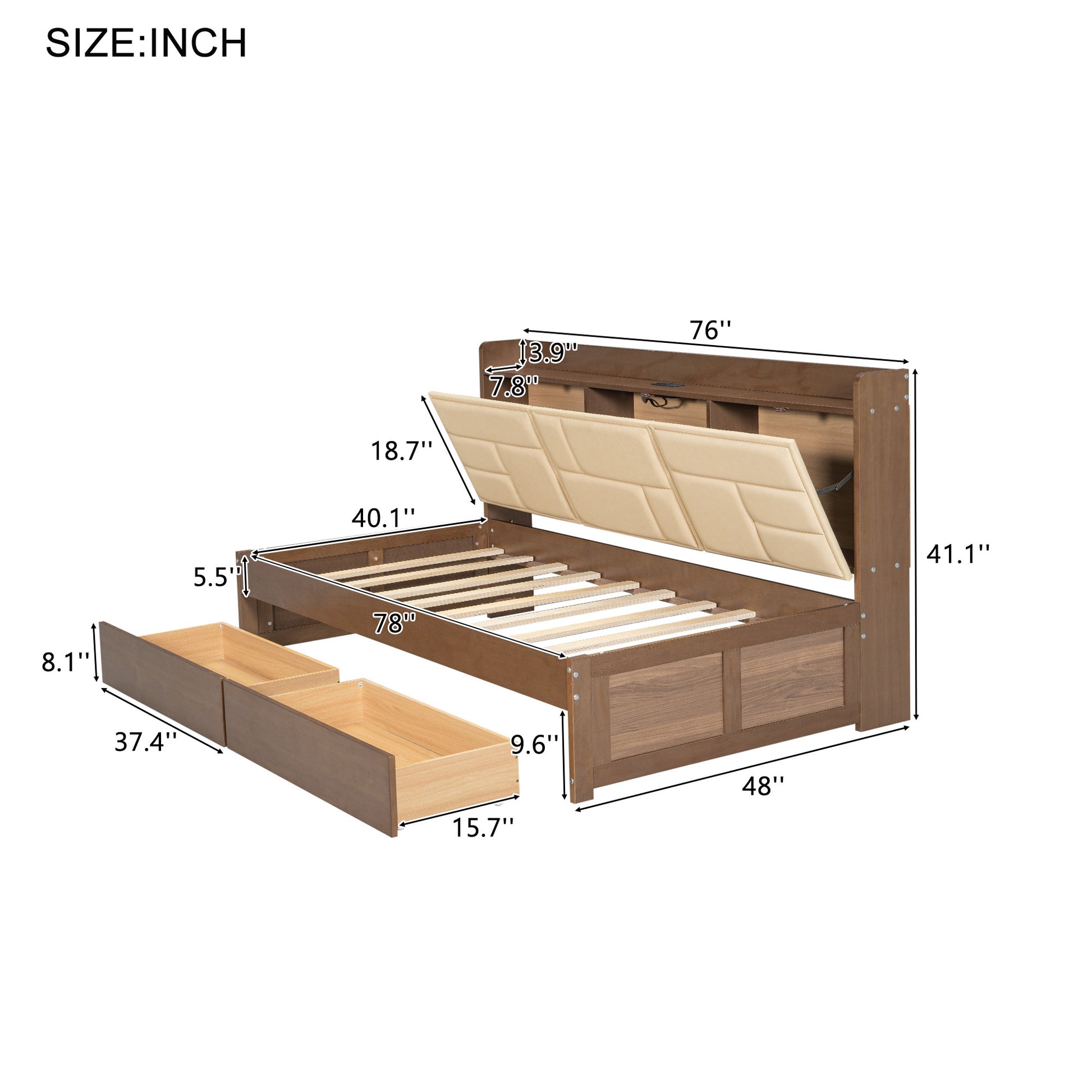 Twin Size Wood Daybed With Upholstered Storage Shelves, Usb Ports And 2 Drawers, Wood Color Box Spring Not Required Twin Wood Wood Bed Frame Solid Wood Mdf