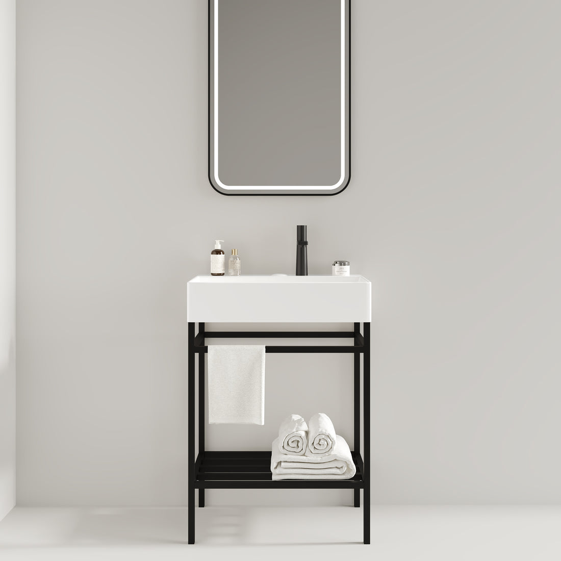 Lofi 24" Bathroom Vanity With Ceramic Basin, Freestanding Bathroom Console Sink Set, Glossy White Rectangular Ceramic Basin Without Faucet, Open Metal Leg, Storage Shelves, Black White Black