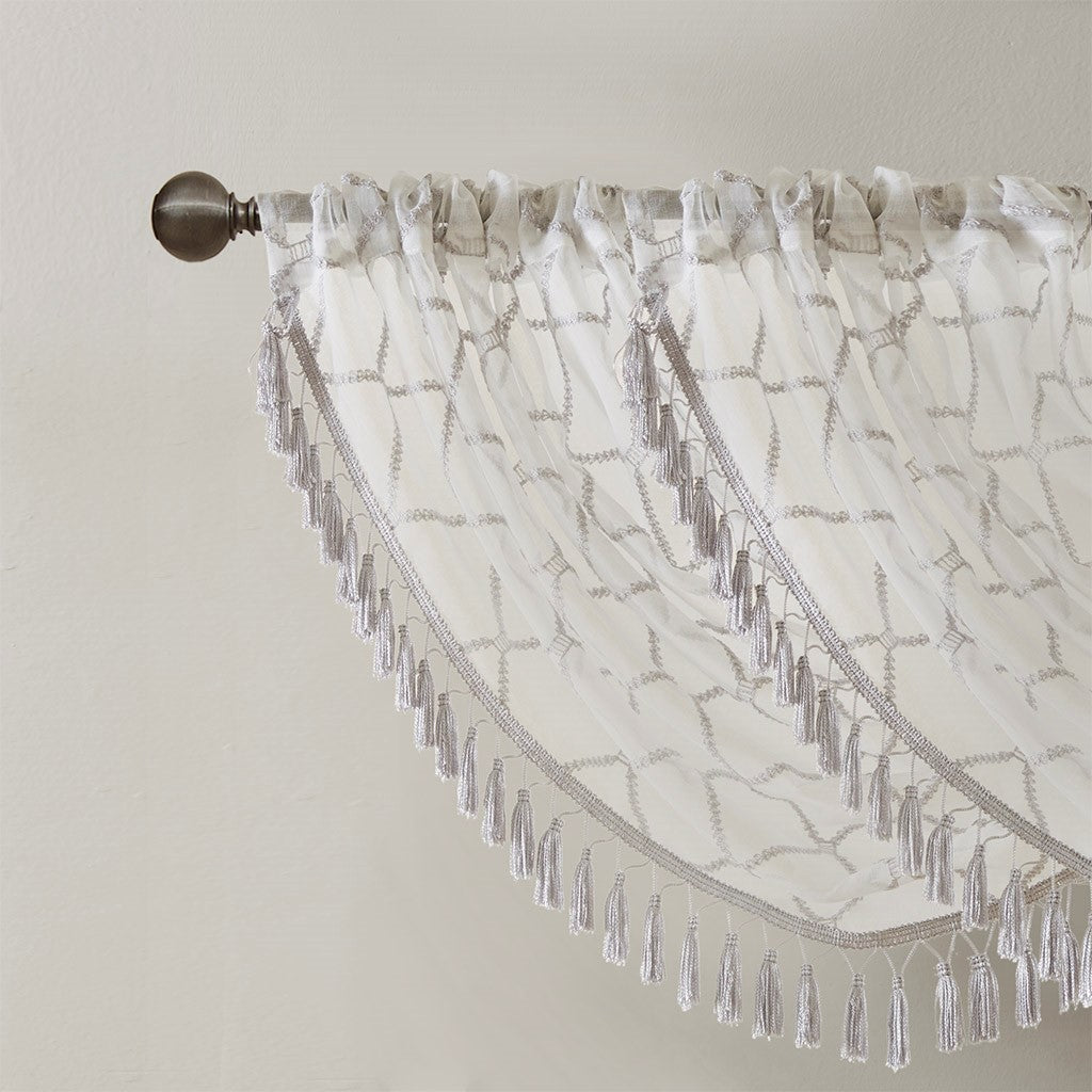 Diamond Sheer Embroidered Waterfall Valance White Grey 38X46" Grey White Polyester