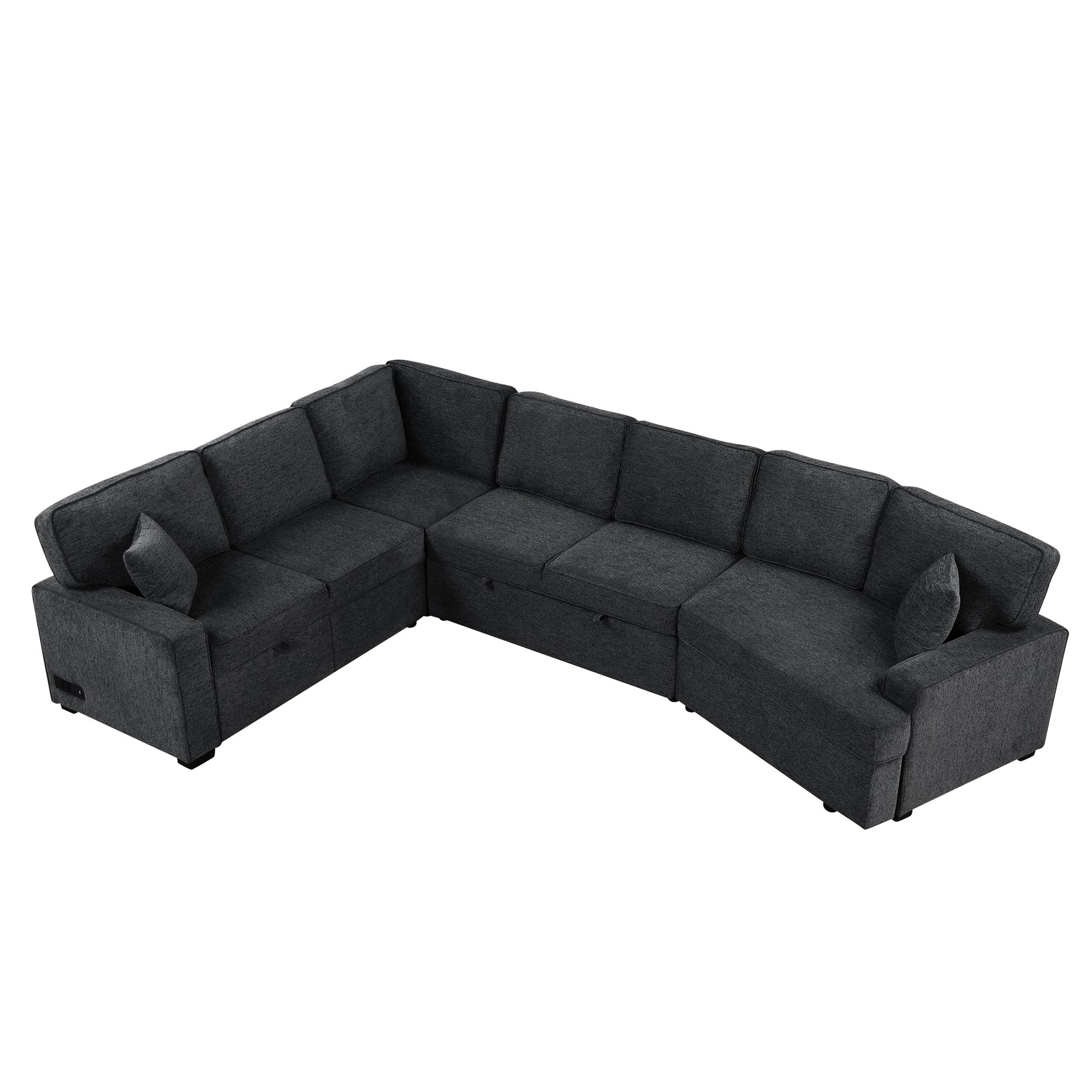 126" L Shaped Sofa Sectional Sofa Couch Pull Out Sofa Bed With Charging Devices And Cup Holders For Living Room, Blue Black Black Blue Foam Chenille 6 Seat