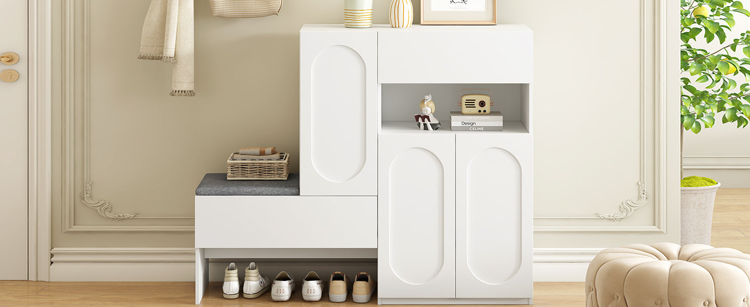 Elegant 2 In 1 Shoe Cabinets With Soft Cushion, Modern Storage Bench With Arched Doors & Rebound Devices, Versatile Shoe Rack Organizer With Adjustable Shelves For Hallway, Living Room, White White