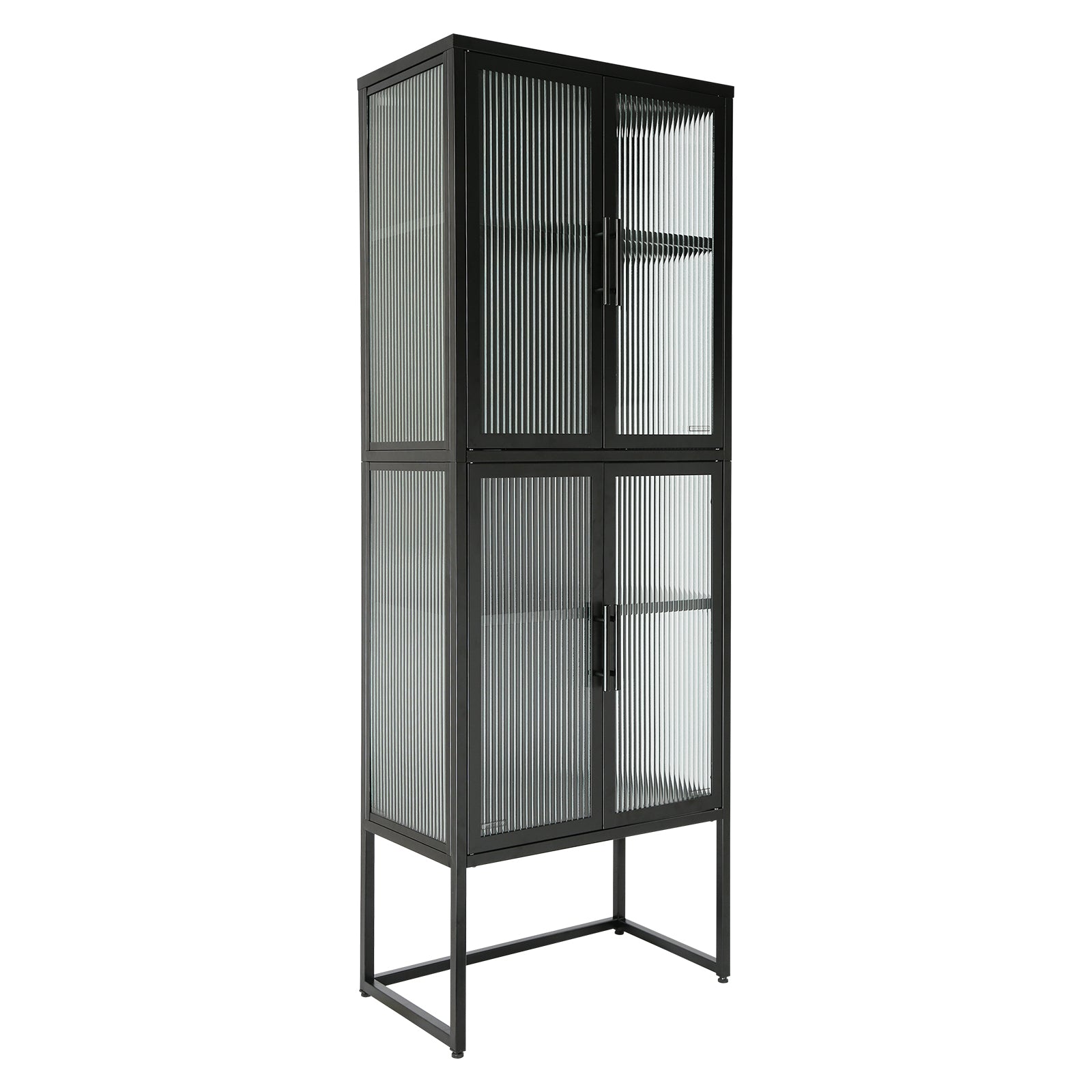 Stylish 4 Door Tempered Glass Cabinet With 4 Glass Doors Adjustable Shelves U Shaped Leg Anti Tip Dust Free Fluted Glass Kitchen Credenza Black Black Tempered Glass Sheet Metal Plastic