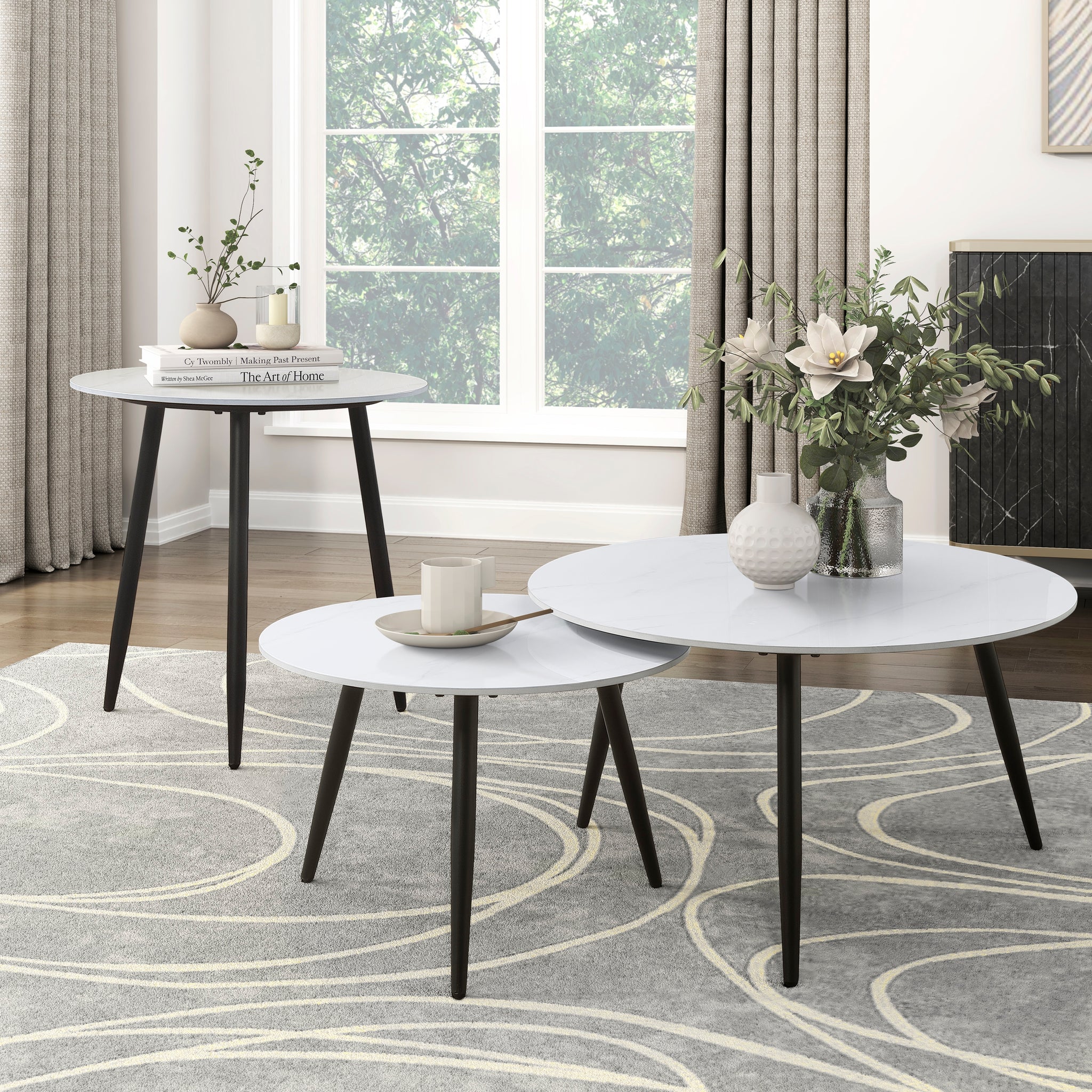 Modern Style Nesting Cocktail Tables And Side Table 3 Piece Occasional Table Set Black Metal Legs White Sintered Stone Top Black,White Primary Living Space Modern Metal,Sintered Stone