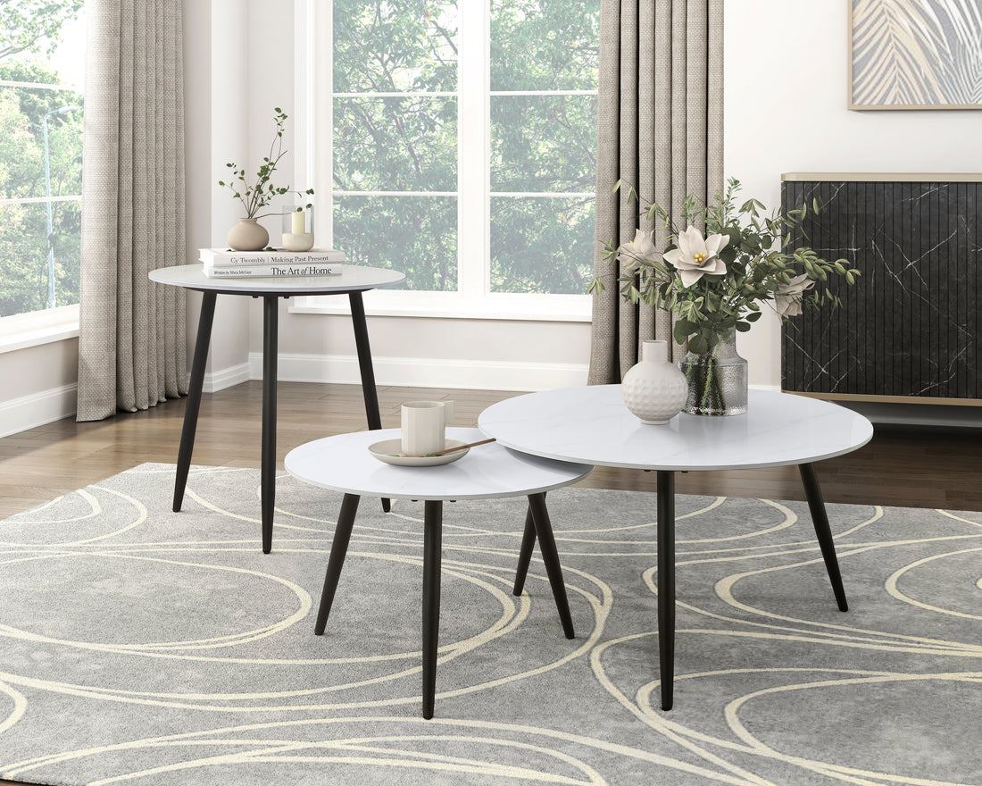 Modern Style Nesting Cocktail Tables And Side Table 3 Piece Occasional Table Set Black Metal Legs White Sintered Stone Top Black,White Primary Living Space Modern Metal,Sintered Stone