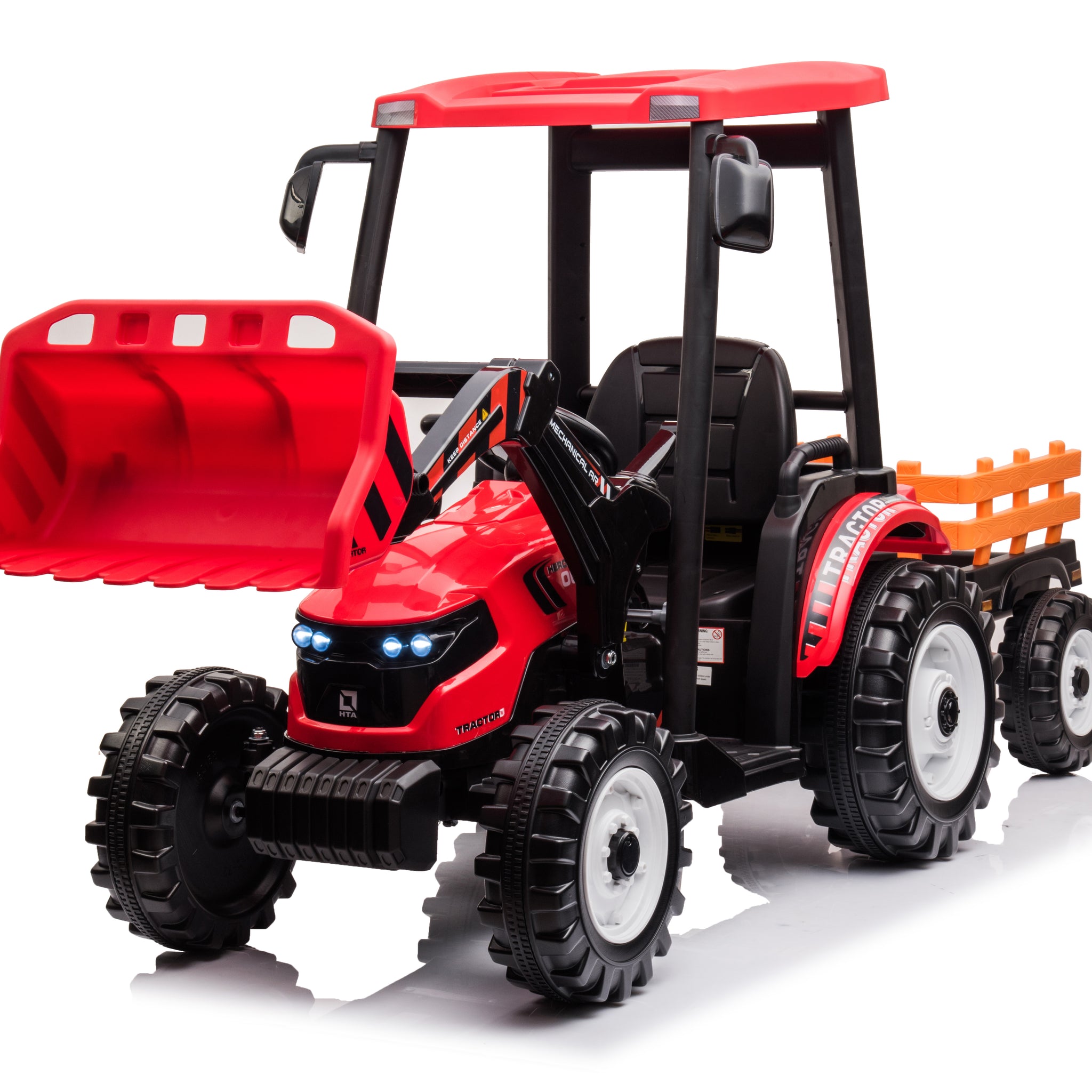 Pedal Tractors With Working Loader And Backhoe Digger, Kids' Ride On Car Toys 24V Battery Powered Electric Vehicles With Trailer, Digger For Toddlers Red Red Plastic