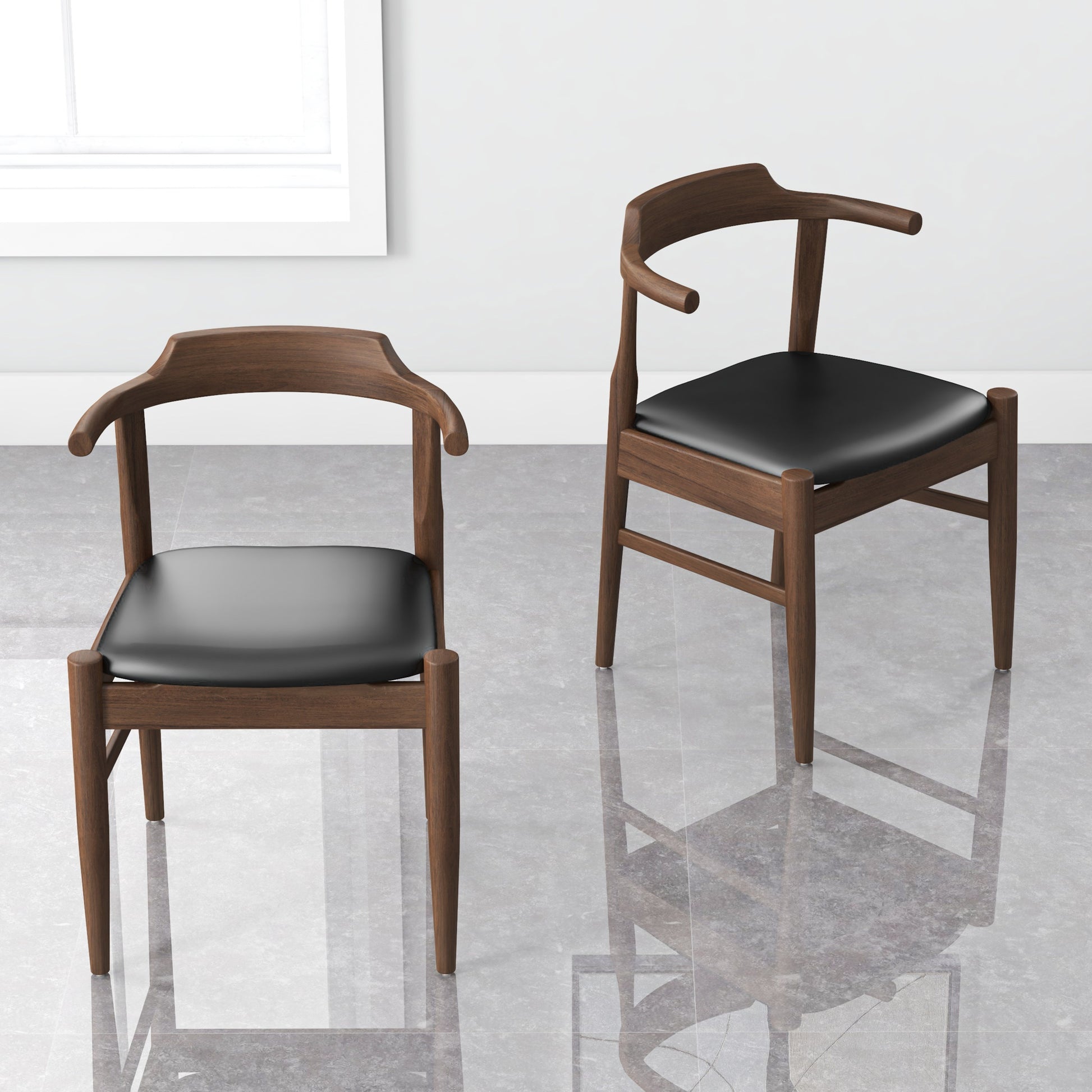 Leon Mid Century Modern Leather Dining Chair Set Of 2 Black,Wood Brown Dining Room Genuine Leather,Solid Wood