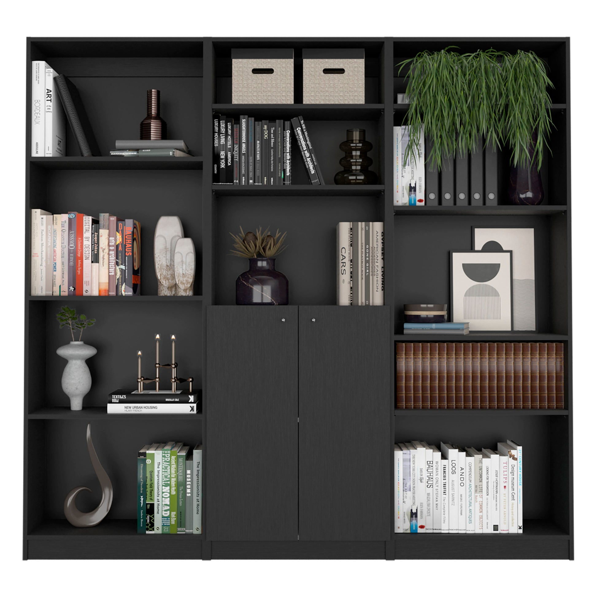 Aynor 3 Piece Home Bookcase Set, 74" Wide With 12 Shelves And Two Door Cabinetliving Room Set Set Black Freestanding 5 Or More Shelves Matte Black Office Open Storage Space Modern Particle Board