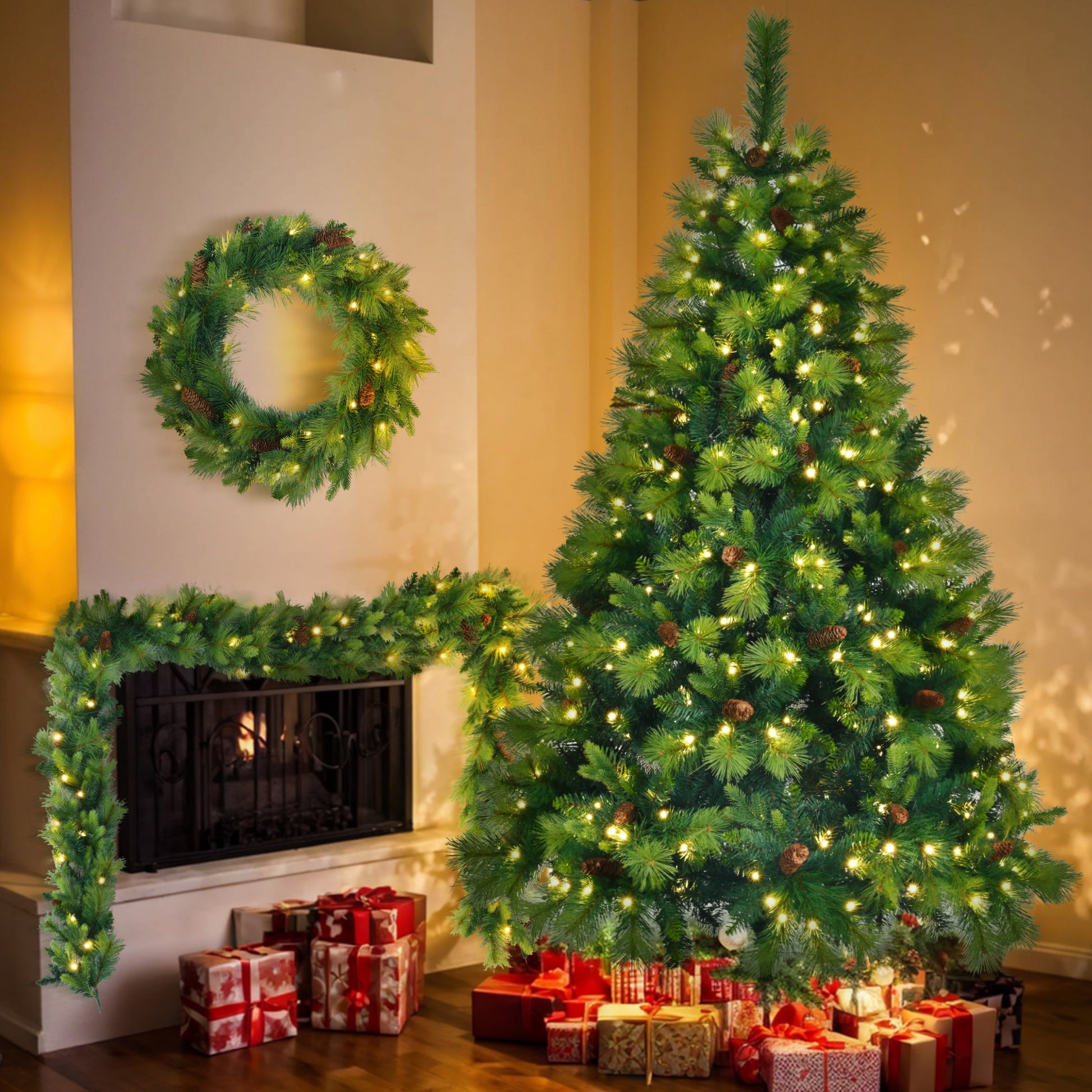 6Ft Grass Green Christmas Tree, Large Branches Pine Tree, Pre Lit Set With Tree & Garland & Wreath, Artificial Christmas With Pine Cones, Hinged Xmas Treefor Holiday Party Ofiice Home Green Polyethylene,Pvc