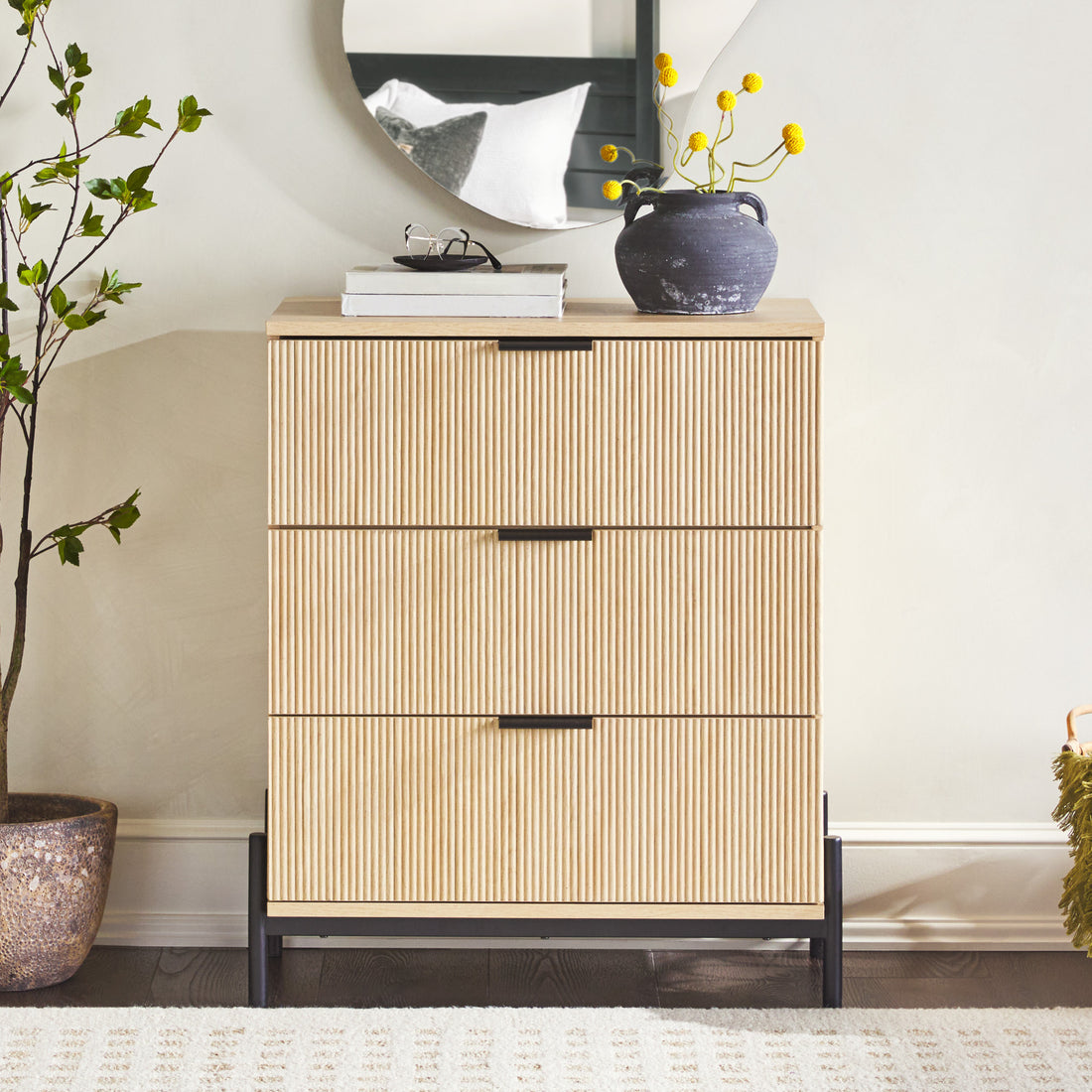 Mid Century 3 Drawer Chest With Reeded Drawer Fronts, Coastal Oak Light Brown Mdf Mdf