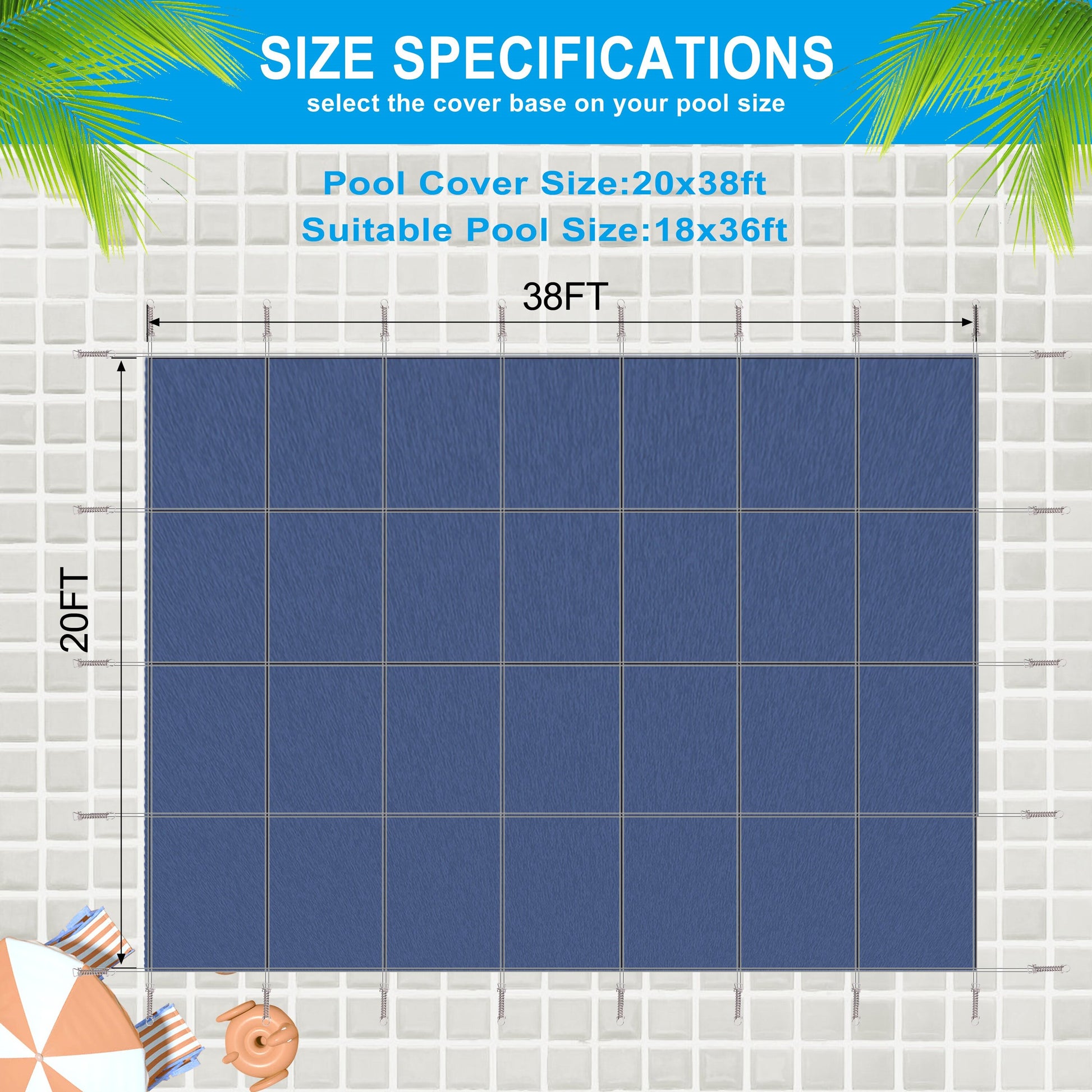 Inground Pool Safety Cover, 18X36Ft Rectangle Winter Safety Pool Cover For Inground Swimming Pools, Solid Safety Pool Covers, Triple Stitched For High Strength, Hardware Included,Blue Mesh Blue Polypropylene