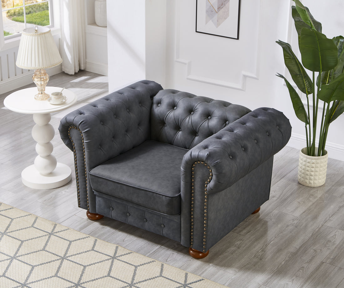 Classic Chesterfield Sofa Chair For Living Room Grey Faux Leather Grey Foam Technical Leather 1 Seat