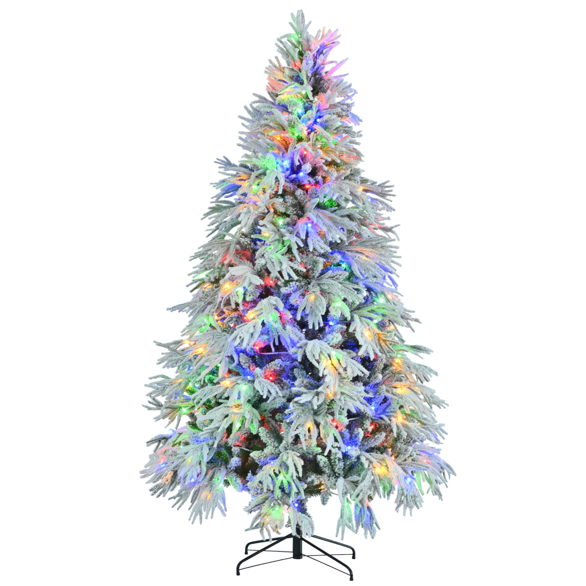 7.5Ft Pre Lit Spruce Snow Flocked Christmas Tree, Artificial Hinged Xmas Tree With 350 Multi Color Led Lights, 8 Flashing Modes &1389 Snow Branch Tips, Holiday Office Home D Cor White Green Polyethylene