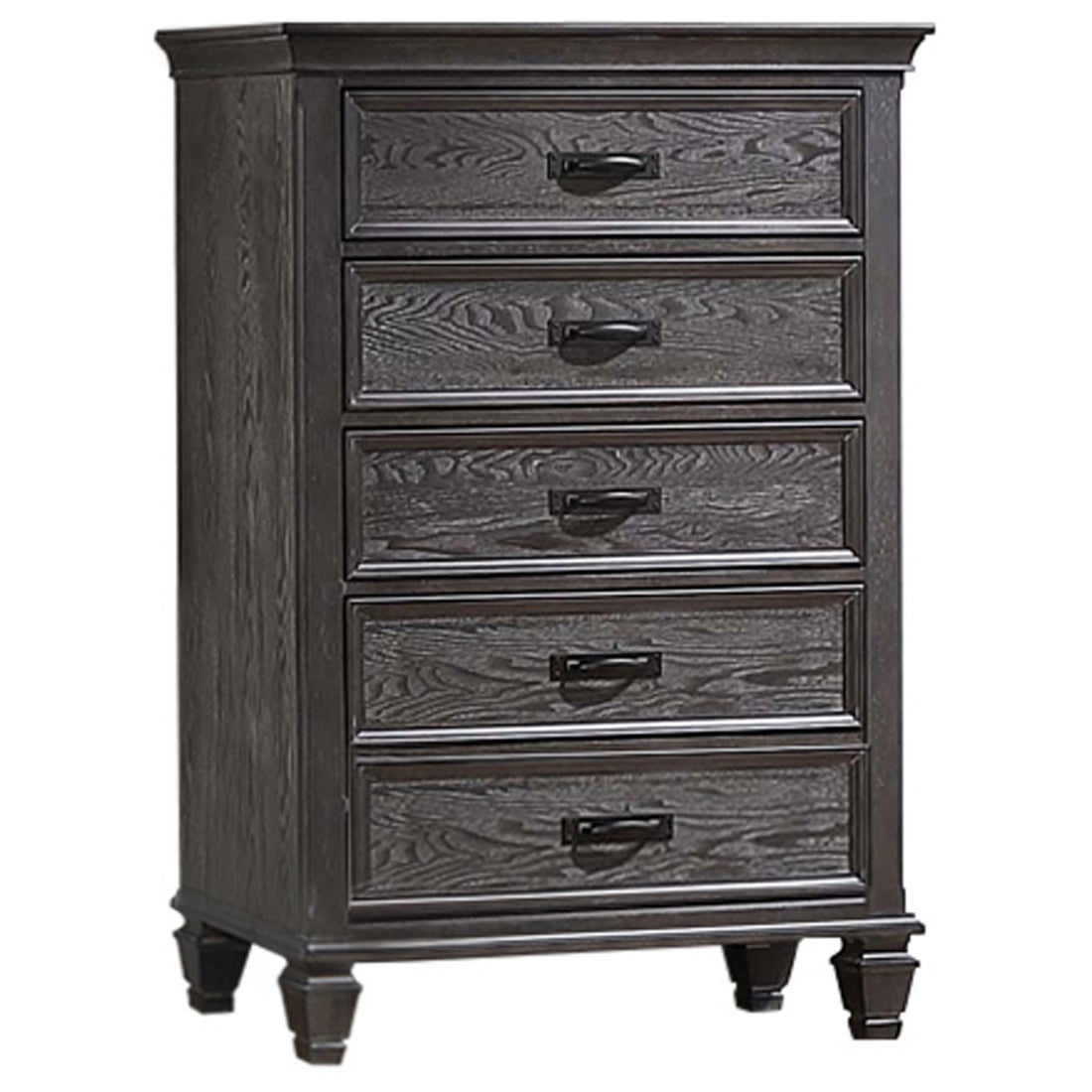 Eli 52 Inch Tall Dresser Chest, 5 Drawers, Bar Handles, Weathered Brown Black Solid Wood