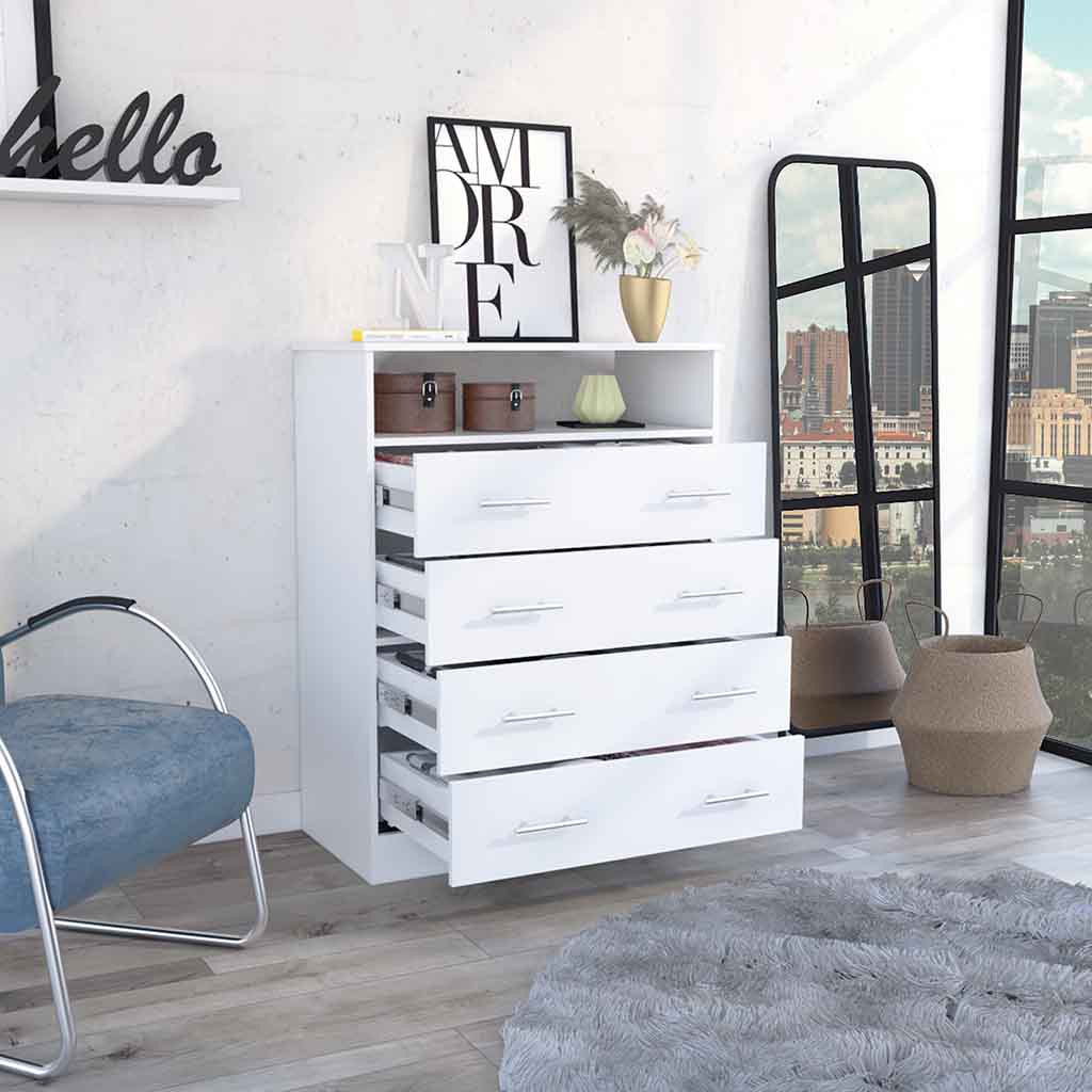 Four Drawer Dresser, Superior Top, One Open Shelf, White White Solid Wood Mdf Engineered Wood