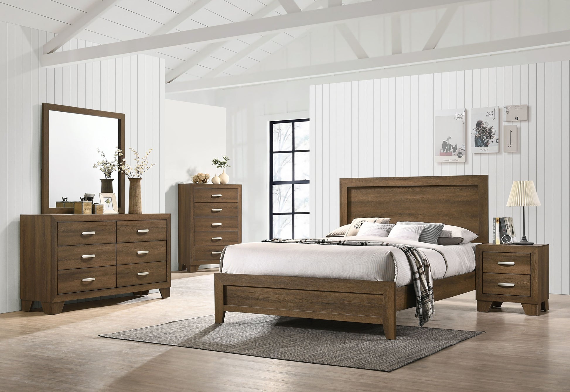 Oak Eastern King Panel Bed With Slat Box Spring Not Required King Oak Wood Bedroom Contemporary Panel Particle Board Mdf