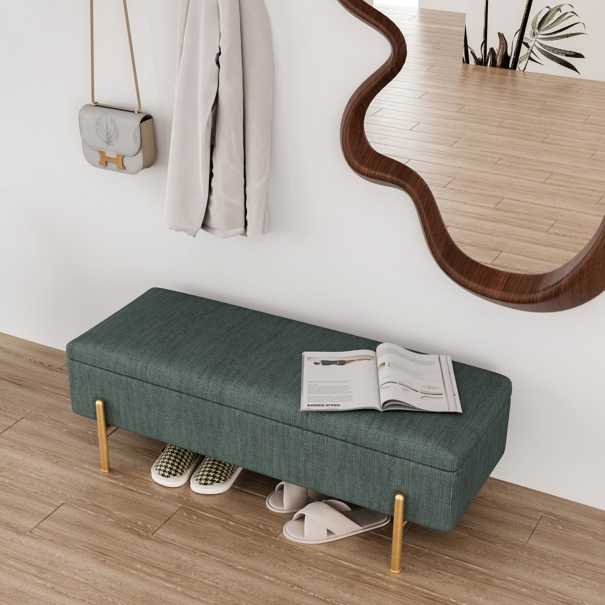 Upholstered Storage Bench Rectangular Ottoman Entryway Bench Storage Chest With Padded Seat Bed End Stool For Hallway Living Room Bedroom, Green Chenille Fabric Green Chenille Green Chenille