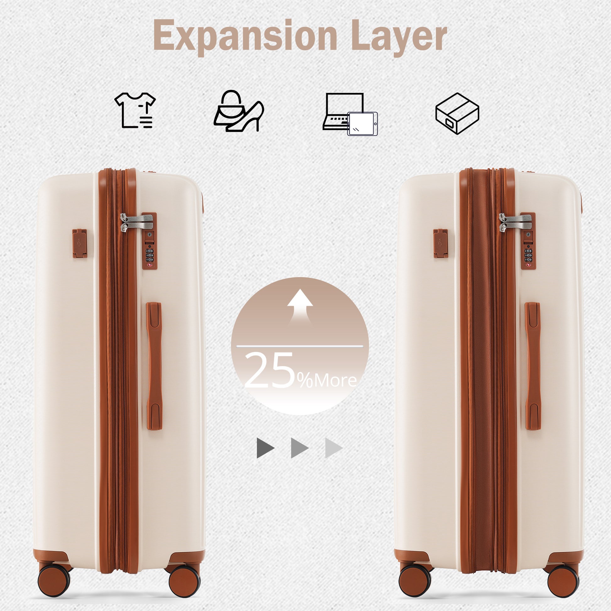 Luggage Sets 3 Piece Suitcase Set 20 24 28 With Usb Port,Carry On Luggage Airline Approved,Pp Lightweight Suitcase With Spinner Wheels,Ivory And Brown Ivory Polypropylene