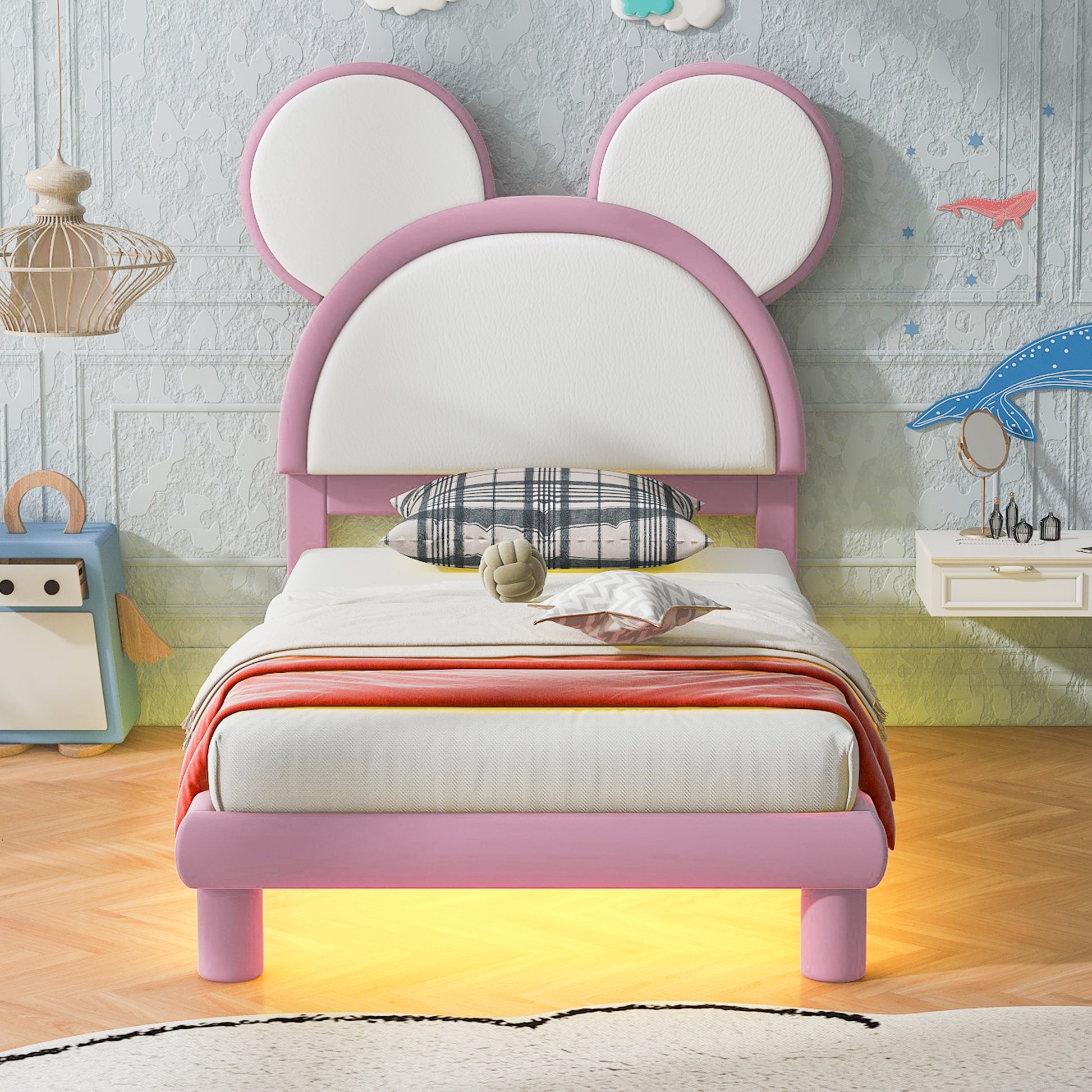 Twin Size Upholstered Platform Bed With Cartoon Ears Shaped Headboard And Led, White&Pink Box Spring Not Required Twin White Pink Bedroom Bed Frame Faux Leather Upholstered