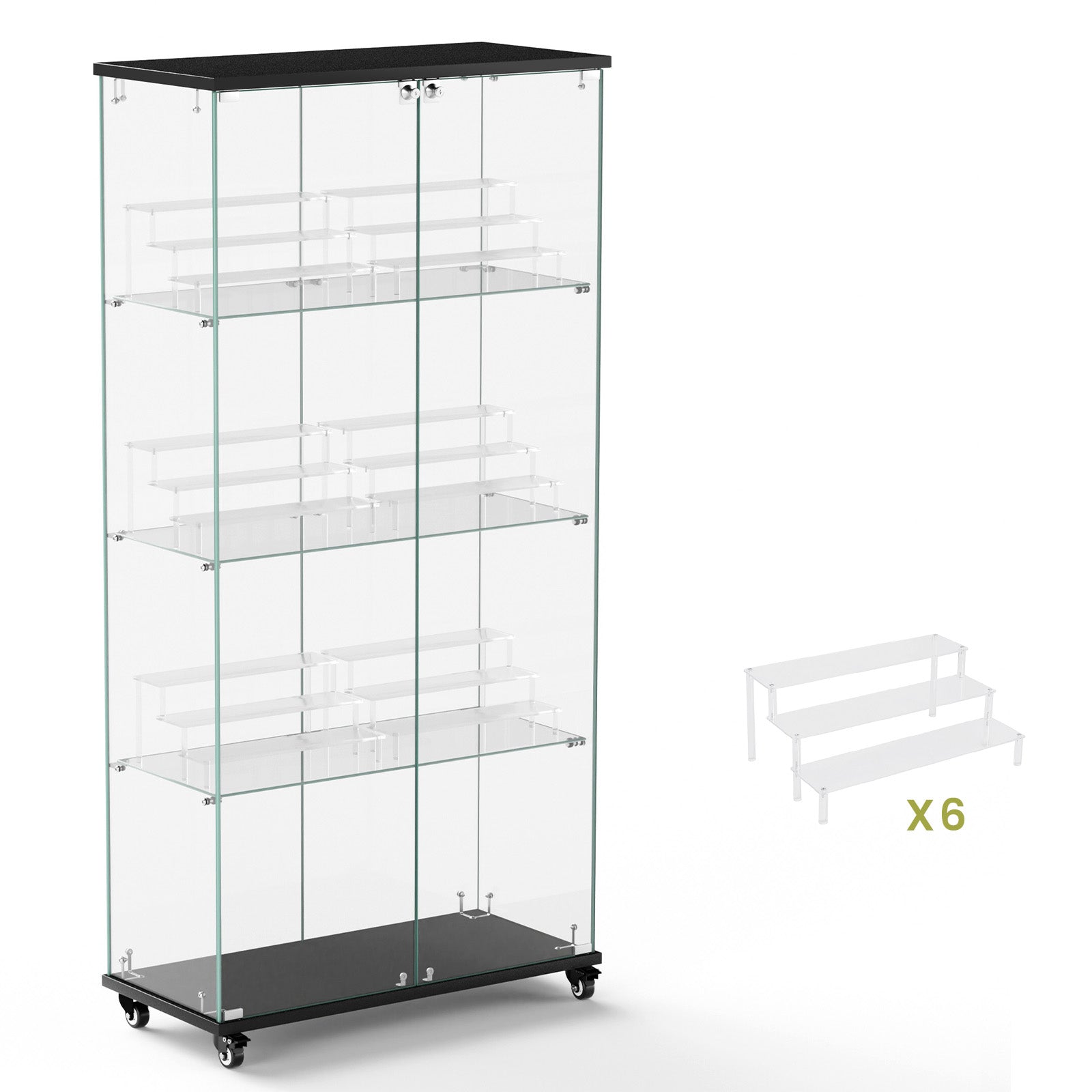 4 Tier Glass Display Cabinet, Double Door Glass Cabinet With Two Locks, Floor Standing Storage Cabinet With 6 Acrylic Shelves For Living Room, Bedroom And Office, Black, 31.5"L X 14.2"W X 65.1"H