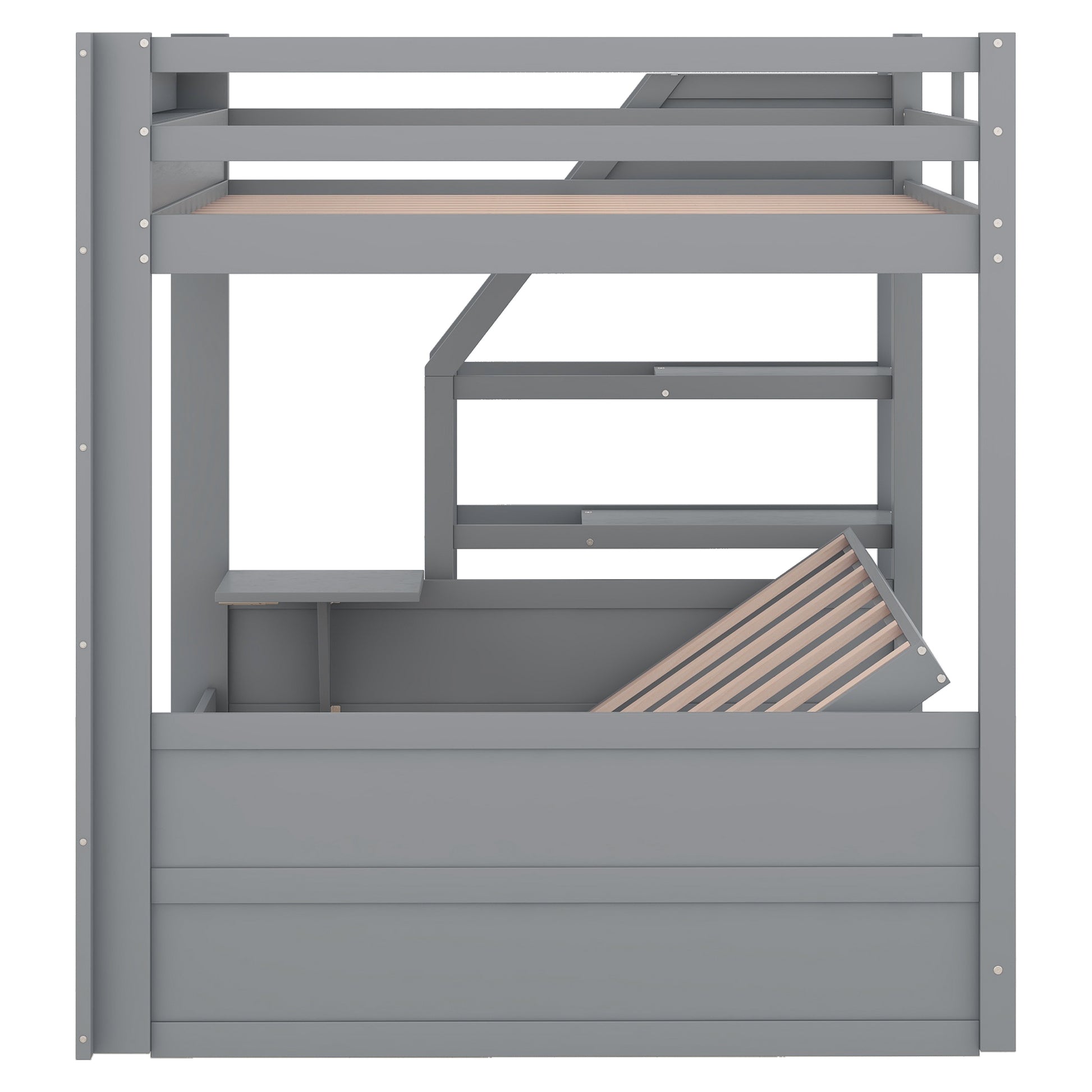 Wood Full Size Convertible Bunk Bed With Storage Staircase, Bedside Table, And 3 Drawers, Gray Gray Solid Wood Mdf