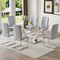 Table And Chair Set.Modern Dining Table,Tempered Glass Tabletop And Silver Colored Leg.Paired With 6 Soft And Comfortable Light Gray Pu Chair, Perfect For Dinner, Meetings, Home And Office Decor.