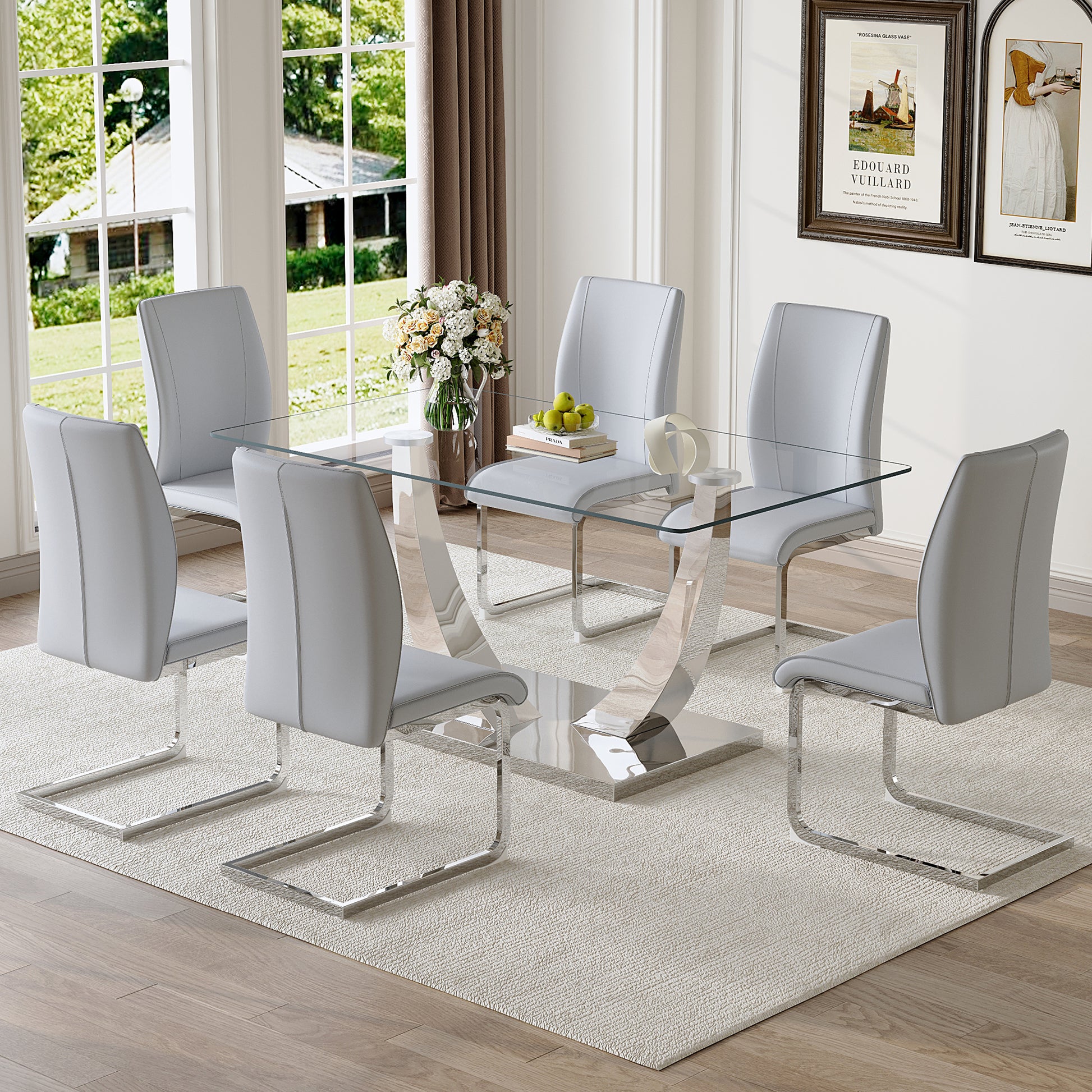 Table And Chair Set.Modern Dining Table,Tempered Glass Tabletop And Silver Colored Leg.Paired With 6 Soft And Comfortable Light Gray Pu Chair, Perfect For Dinner, Meetings, Home And Office Decor.