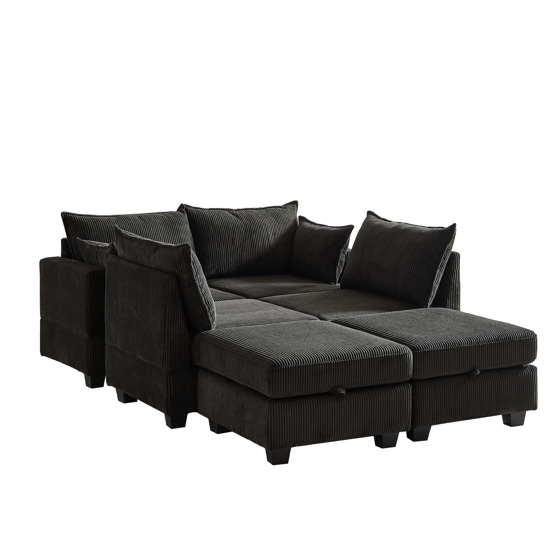 113.5'' Modular Sectiona Corduroy Sofa, Sectional Couches For Living Room U Shaped Sectional Couch With Storage Ottoman, 6 Seats Convertible Sectionals With Chaise Black Corduroy 6 Seat