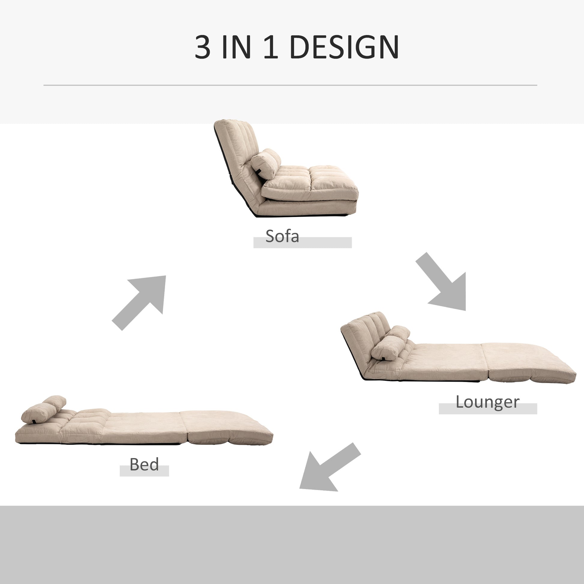 Homcom Convertible Floor Sofa Chair, Folding Couch Bed, Guest Chaise Lounge With 2 Pillows, Adjustable Backrest And Headrest, 40.25" L, Beige Beige Polyester 2 Seat