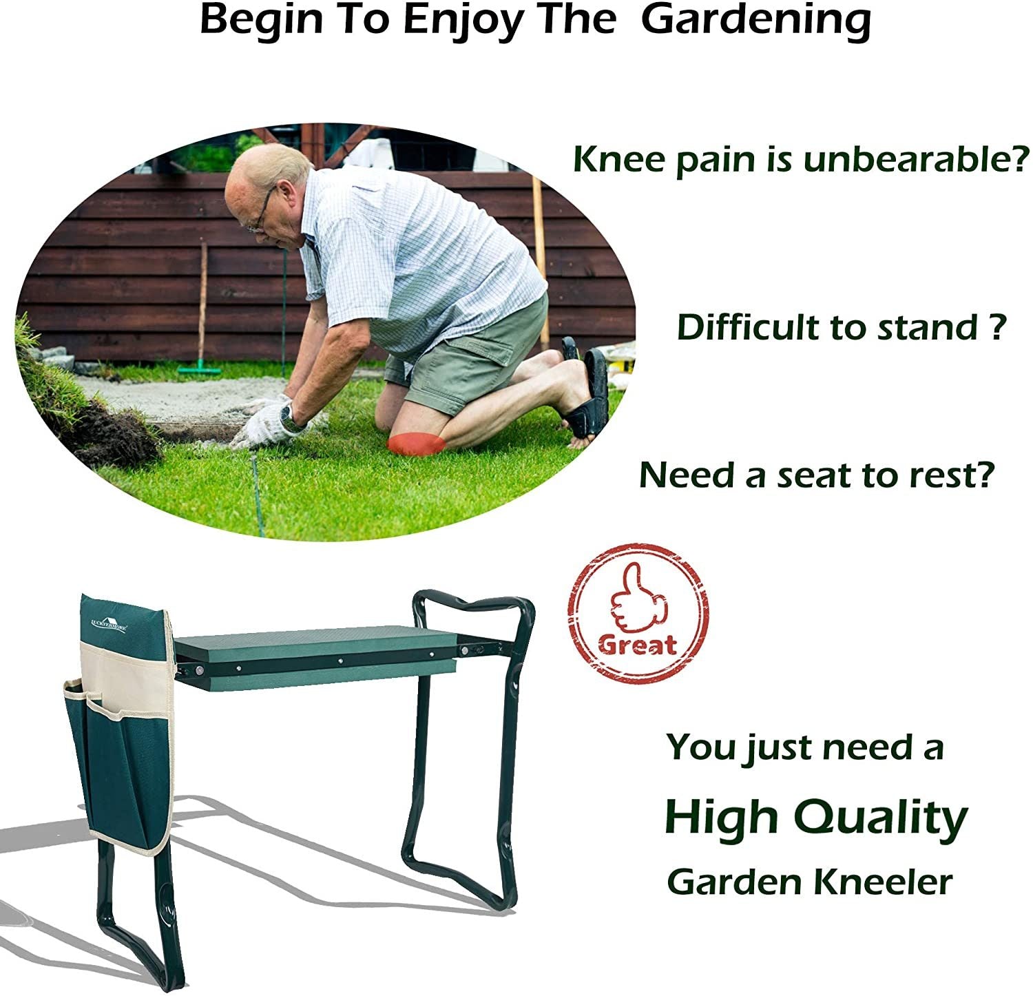 Garden Kneeler & Seat Folding Multi Functional Steel Garden Stool With Tool Bag Eva Kneeling Pad Green Metal