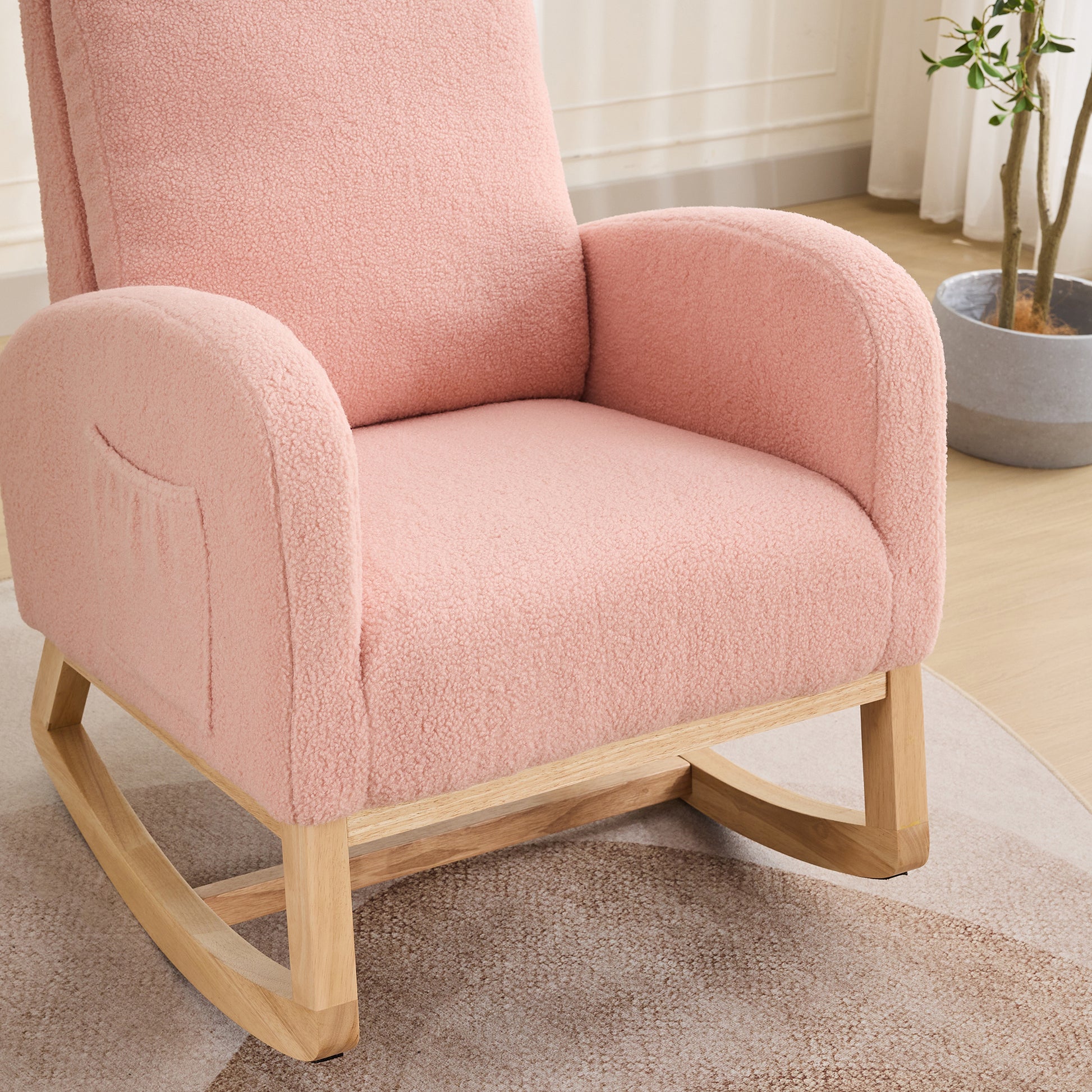 27.2"W Rocking Chair For Nursery, Sherpa Glider Chair With High Back And Side Pocket, Rocking Accent Armchair With Rubber Wood Legs For Living Room Bedroom.Pink Pink Sherpa