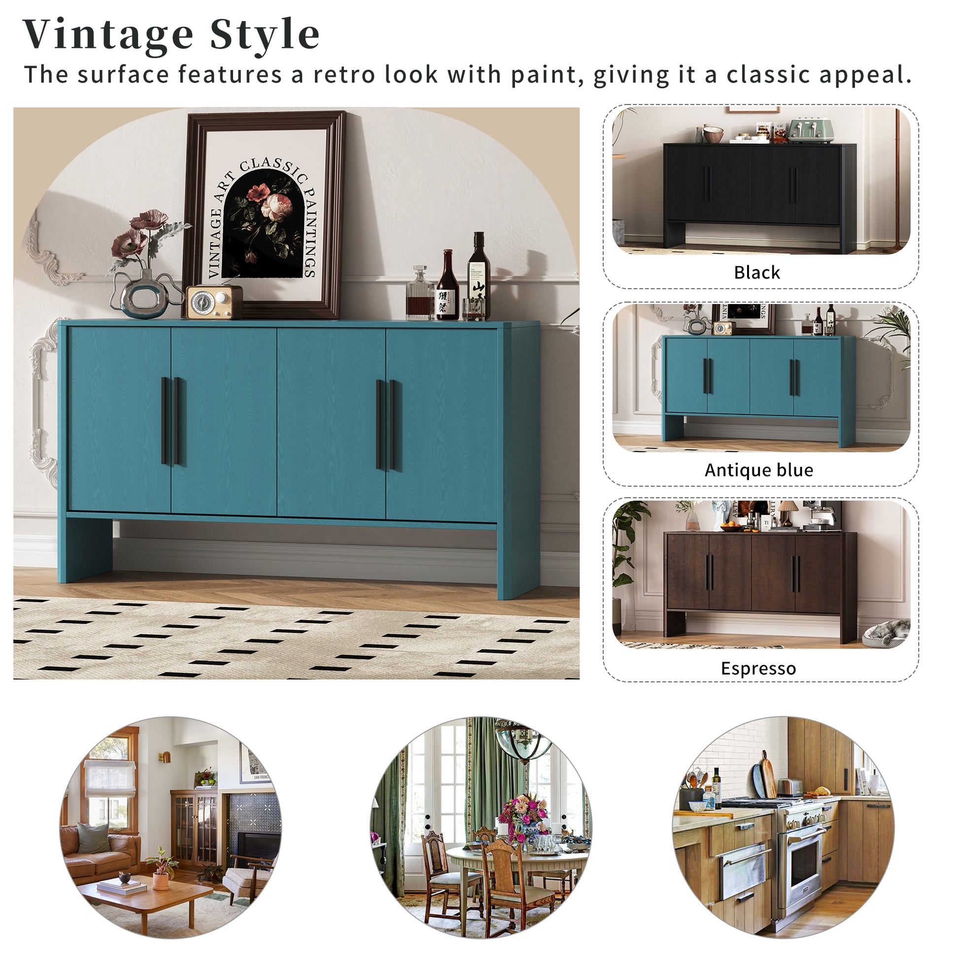 4 Door Large Storage Retro Sideboard With Adjustable Shelves And Long Handles For Kitchen, Dining Room And Living Room Antique Blue Antique Blue Mdf