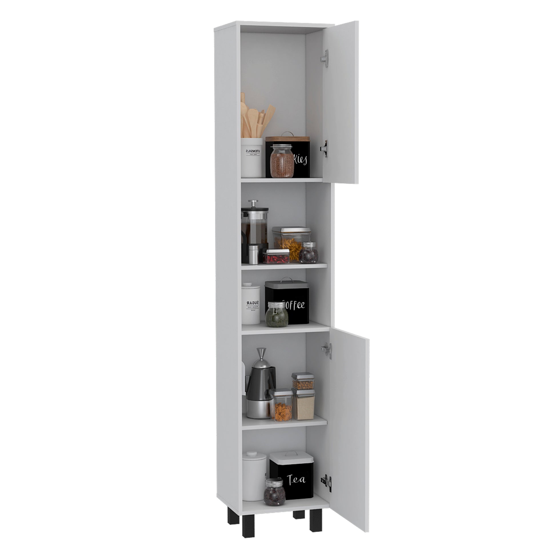 Hobart Pantry, Four Legs, Three Interior Shelves, Two Shelves, Two Cabinets White Freestanding 3 4 Shelves White Kitchen Shelves Included Modern Particle Board Particle Board