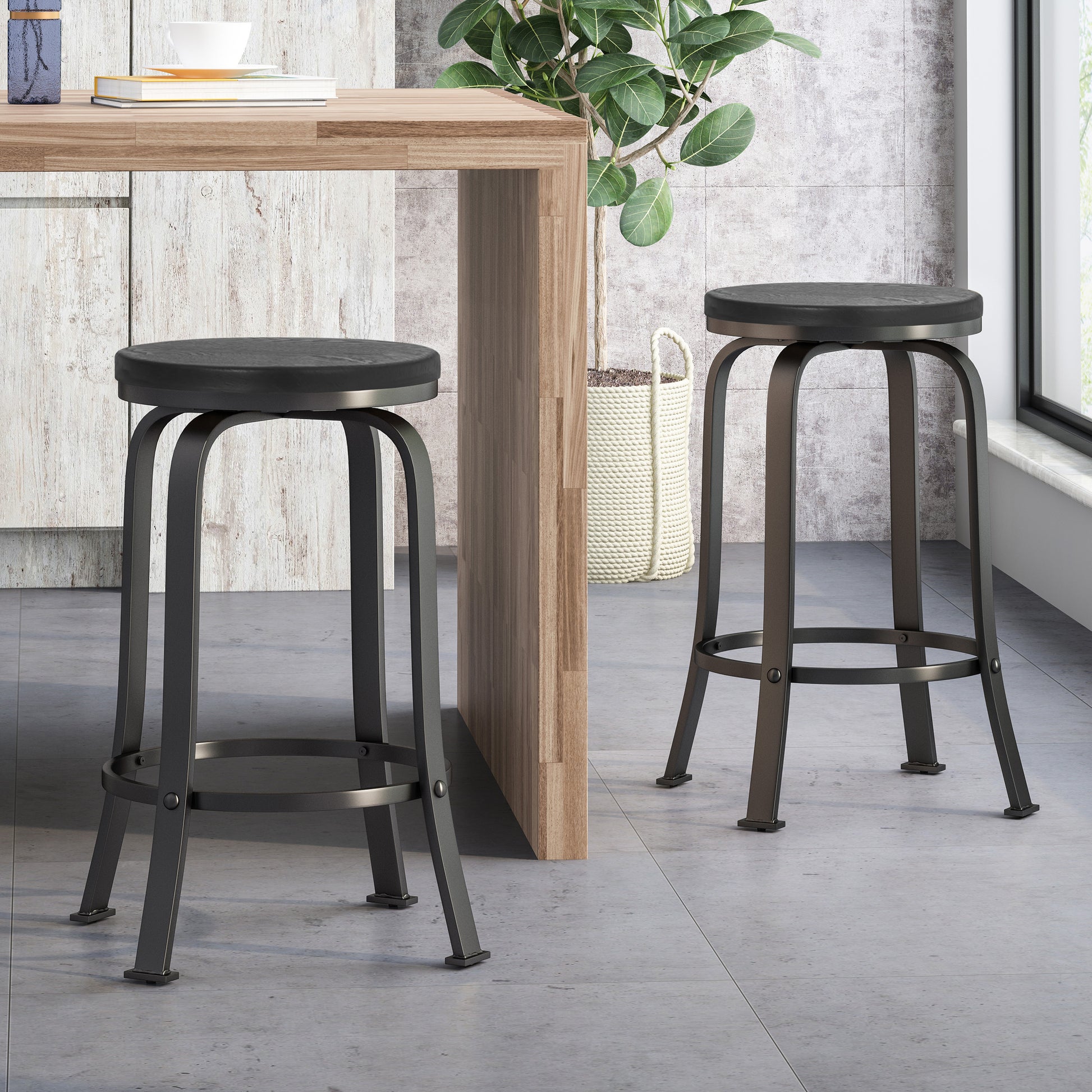 Counter Stool2Pcs Set Black Wood Metal