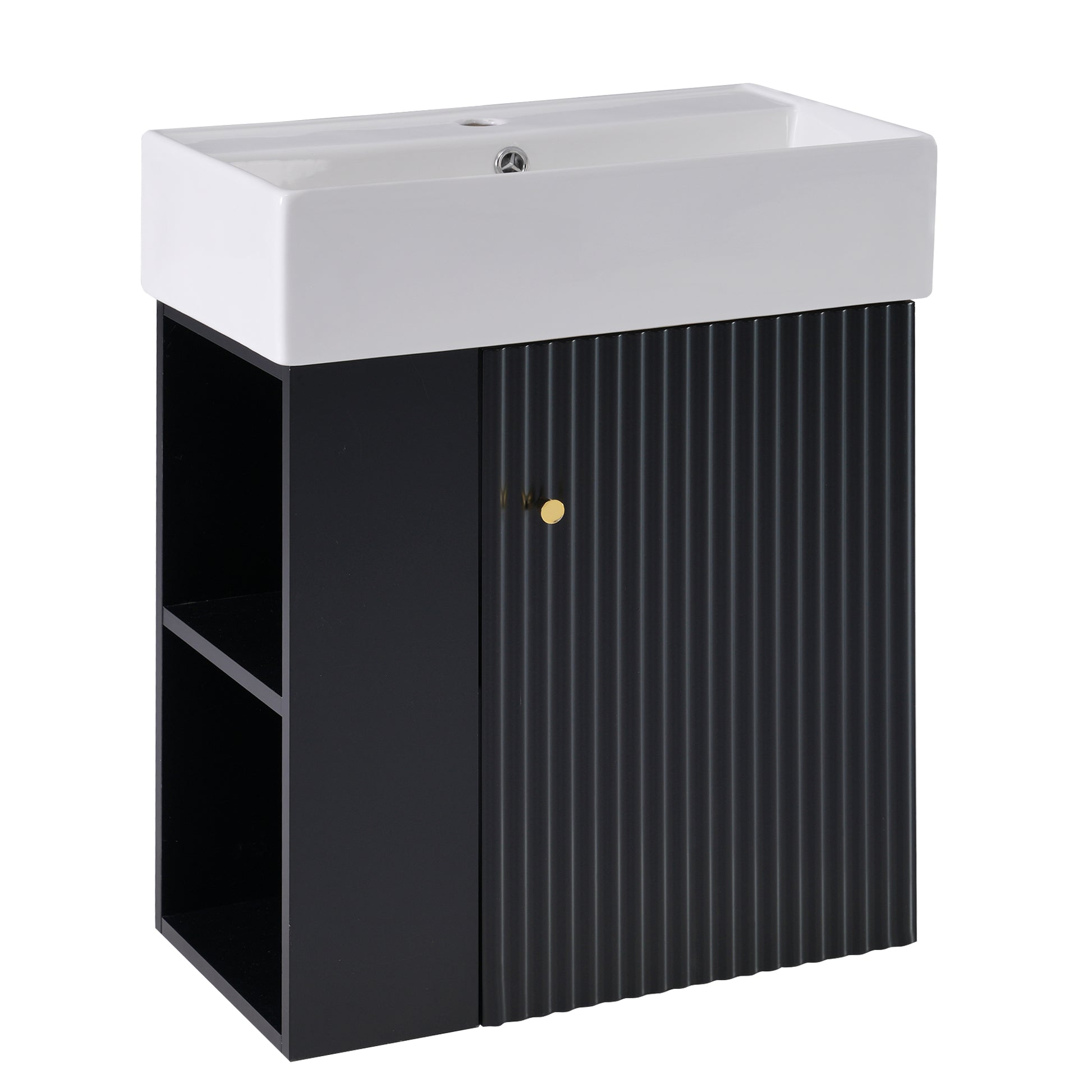 Video 21.6 Inch Modern Floating Bathroom Vanity With Ceramic Basin Perfect For Small Bathrooms, Left Side Storage Black Bathroom Ceramic Mdf