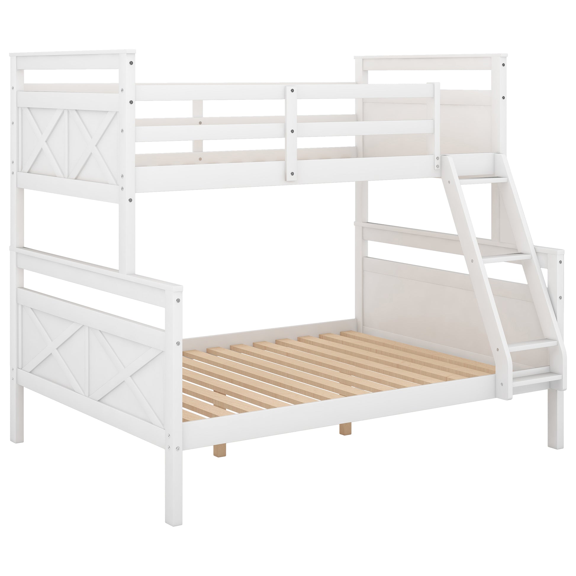 Twin Over Full Bunk Bed With Ladder, Safety Guardrail, Perfect For Bedroom, White Old Sku: Sm000118Aak 1 Twin Box Spring Not Required White Wood Bedroom Bunk Pine