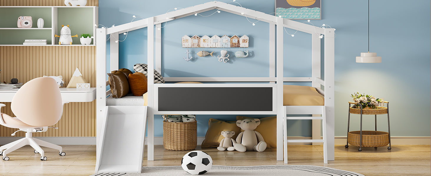 Twin Size Loft Bed With Ladder And Slide, House Bed With Blackboard And Light Strip On The Roof, White Twin White Solid Wood Mdf