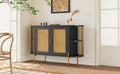 2 Door Elegant Curved Dining Cabinet With Gold Trim And Woven Rattan Doors For Dining Room Black Black Particle Board