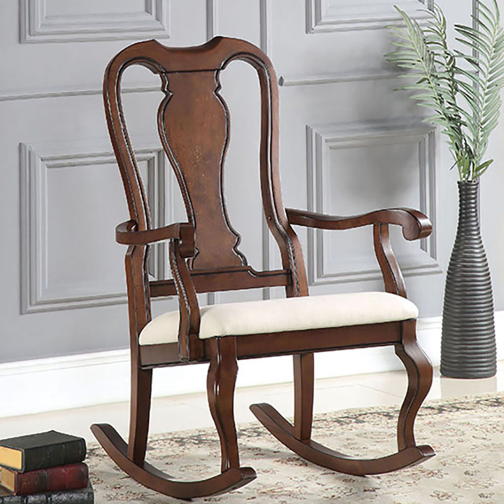 Beige And Cherry Queen Anne Back Rocking Chair Solid Beige Primary Living Space Foam Rocking Chairs Rubberwood Solid Back Wood Fabric