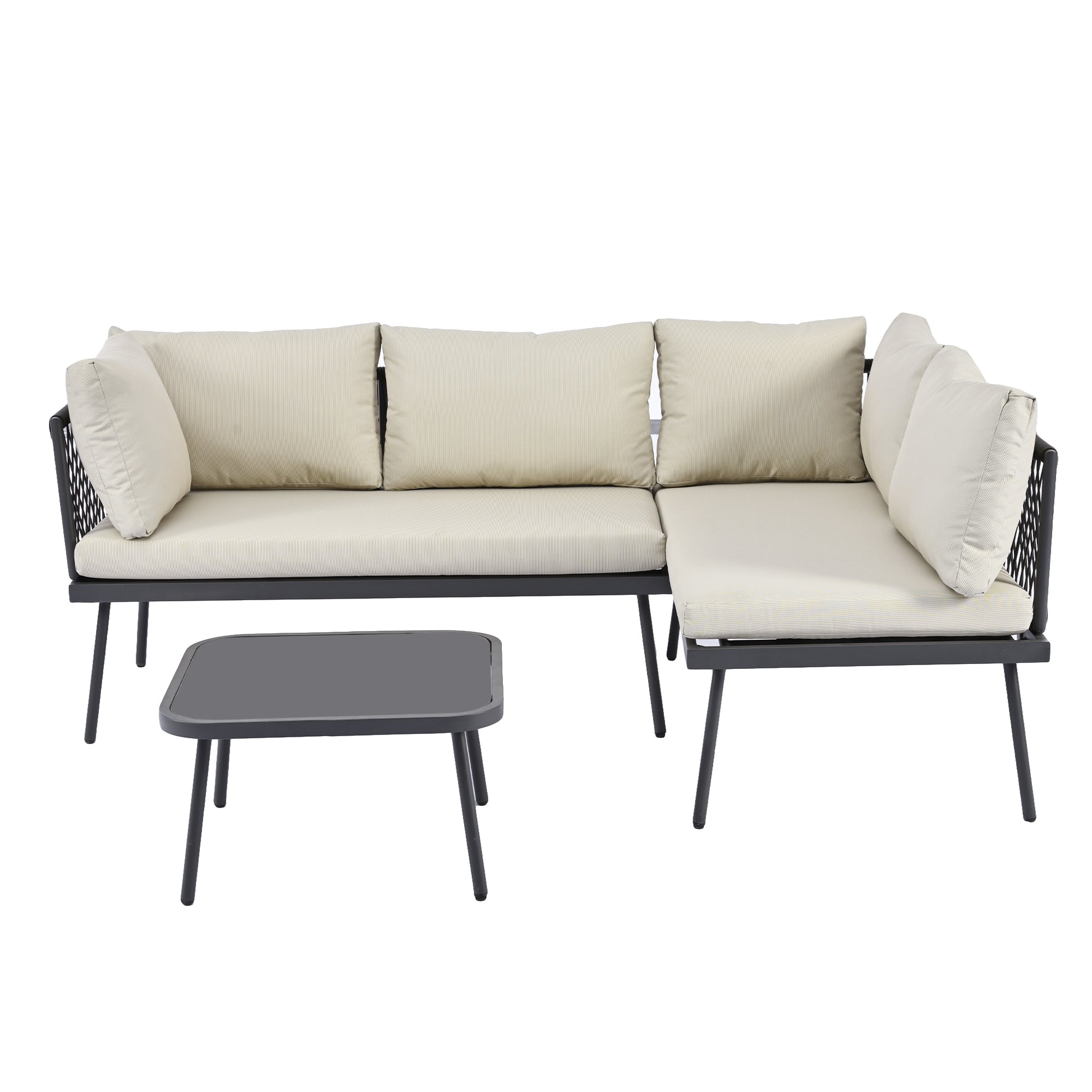Modern Outdoor 3 Piece Pe Rattan Sofa Set All Weather Patio Metal Sectional Furniture Set With Cushions And Glass Table For Backyard, Poolside, Garden,Black,L Shaped Yes Sectional Black Seats 4 Weather Resistant Frame Water Resistant Cushion Garden &