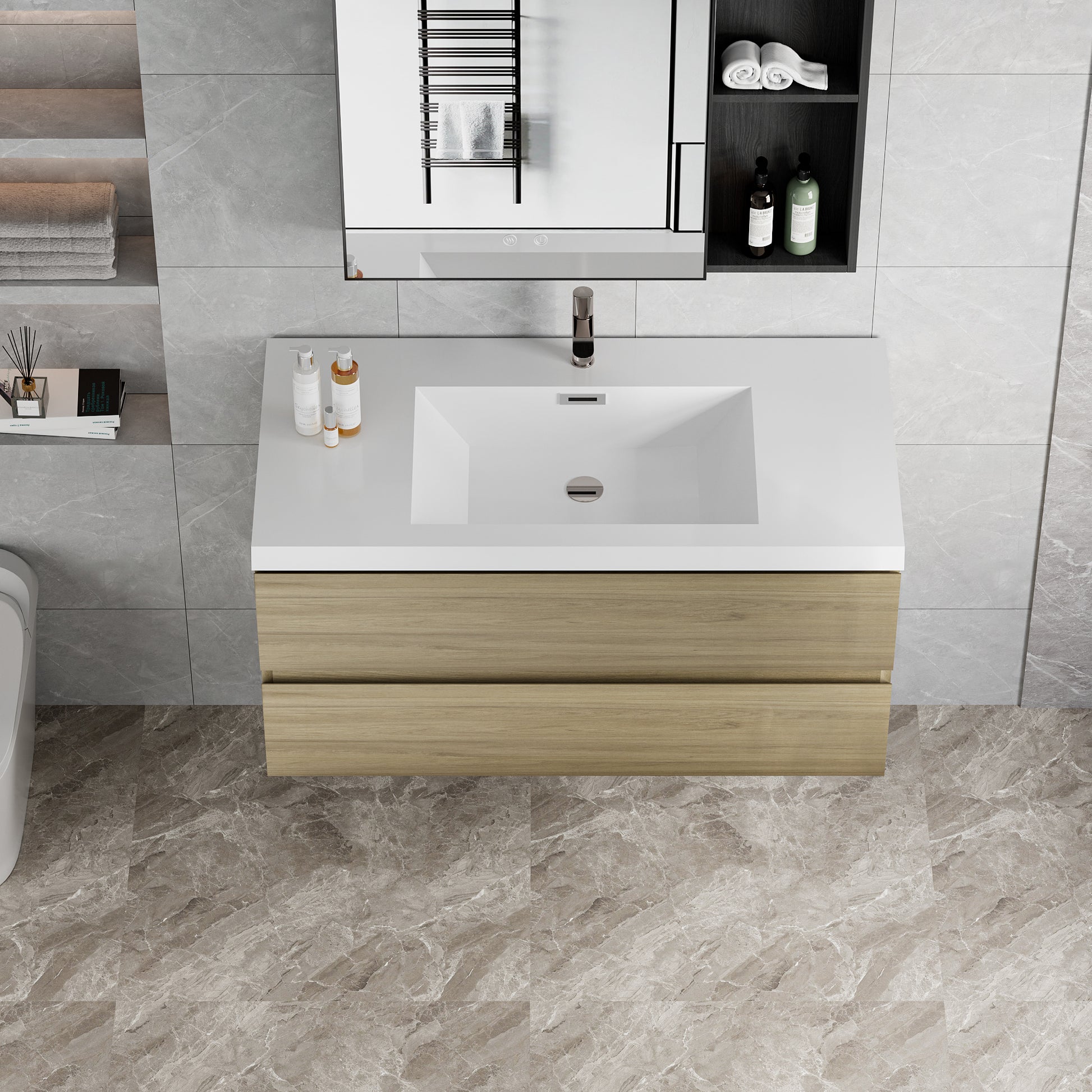 42" Floating Bathroom Vanity With Sink, Modern Wall Mounted Bathroom Storage Vanity Cabinet With Resin Top Basin And Soft Close Drawers, Natural Oak 24V11 42No 2 Oak Bathroom Wall Mounted Wood