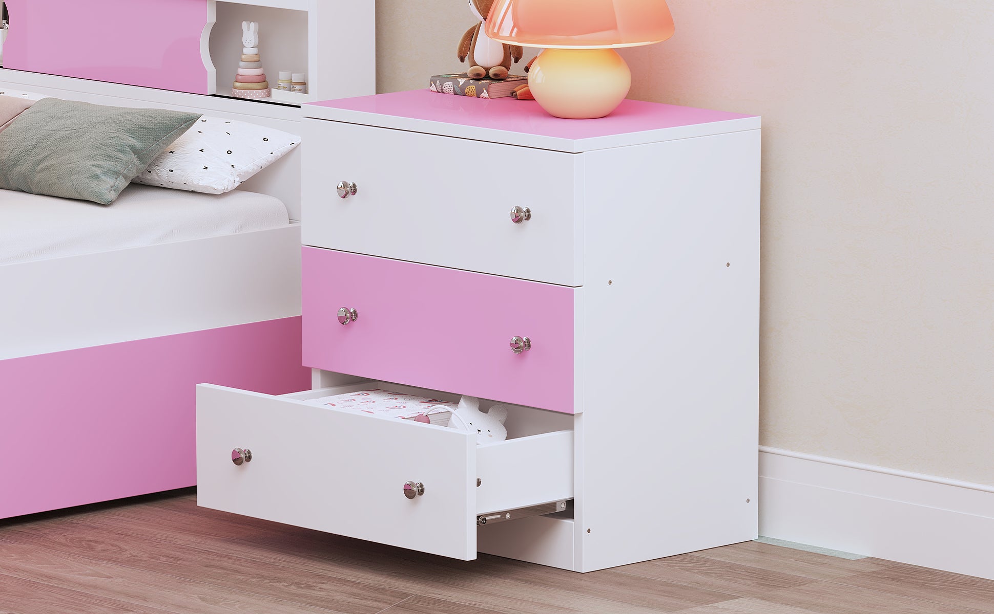 3 Drawer Wooden Nightstand With Colorblock Design And Plastic Handle, Wood Side Table With Storage Cabinet For Bedroom, White Pink White Pink Wood