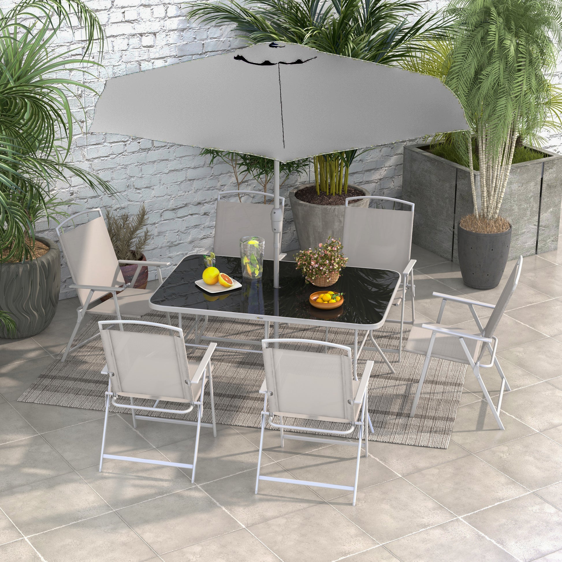 Outsunny 8 Piece Patio Dining Set With Table Umbrella, 6 Folding Chairs And Rectangle Dining Table, Outdoor Patio Furniture Set, Gray Grey Metal