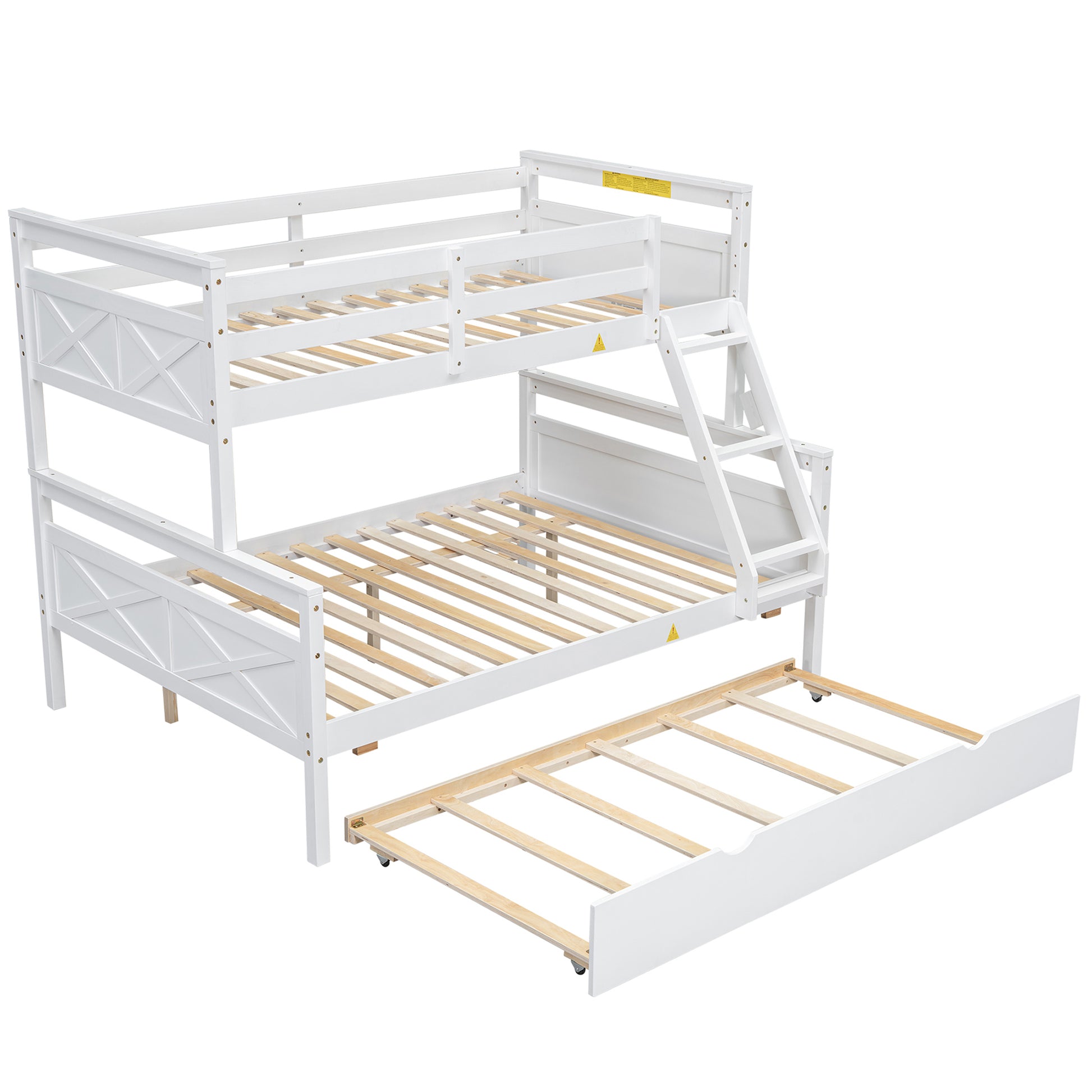 Twin Over Full Bunk Bed With Ladder, Twin Size Trundle, Safety Guardrail, White Box Spring Not Required Twin White Wood Bedroom Bunk Pine