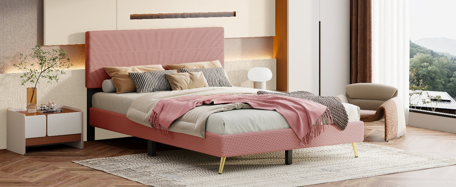 Queen Size Corduroy Upholstered Bed Frame, Platform Bed With Horizontal Stripe Headboard, No Box Spring Needed, Pink Queen Pink Bed Frame Solid Wood Mdf