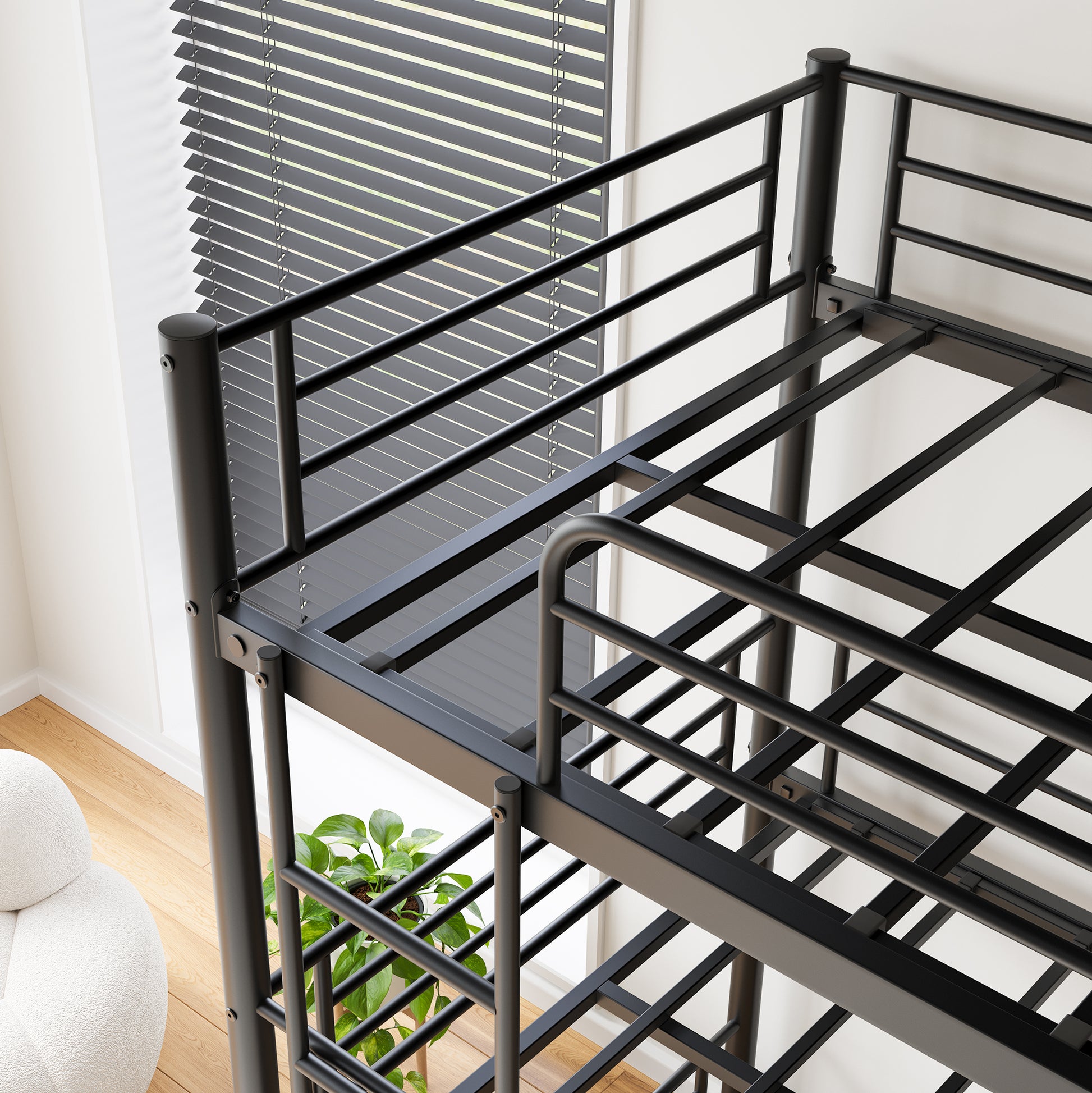 Triple Twin Bunk Beds, Twin Over Twin Over Twin Metal Bunk Bed Platform Frame, Two Attached Ladders, Easy Access Guard Rail, No Box Spring Need Black Box Spring Not Required Twin Black Metal Bedroom