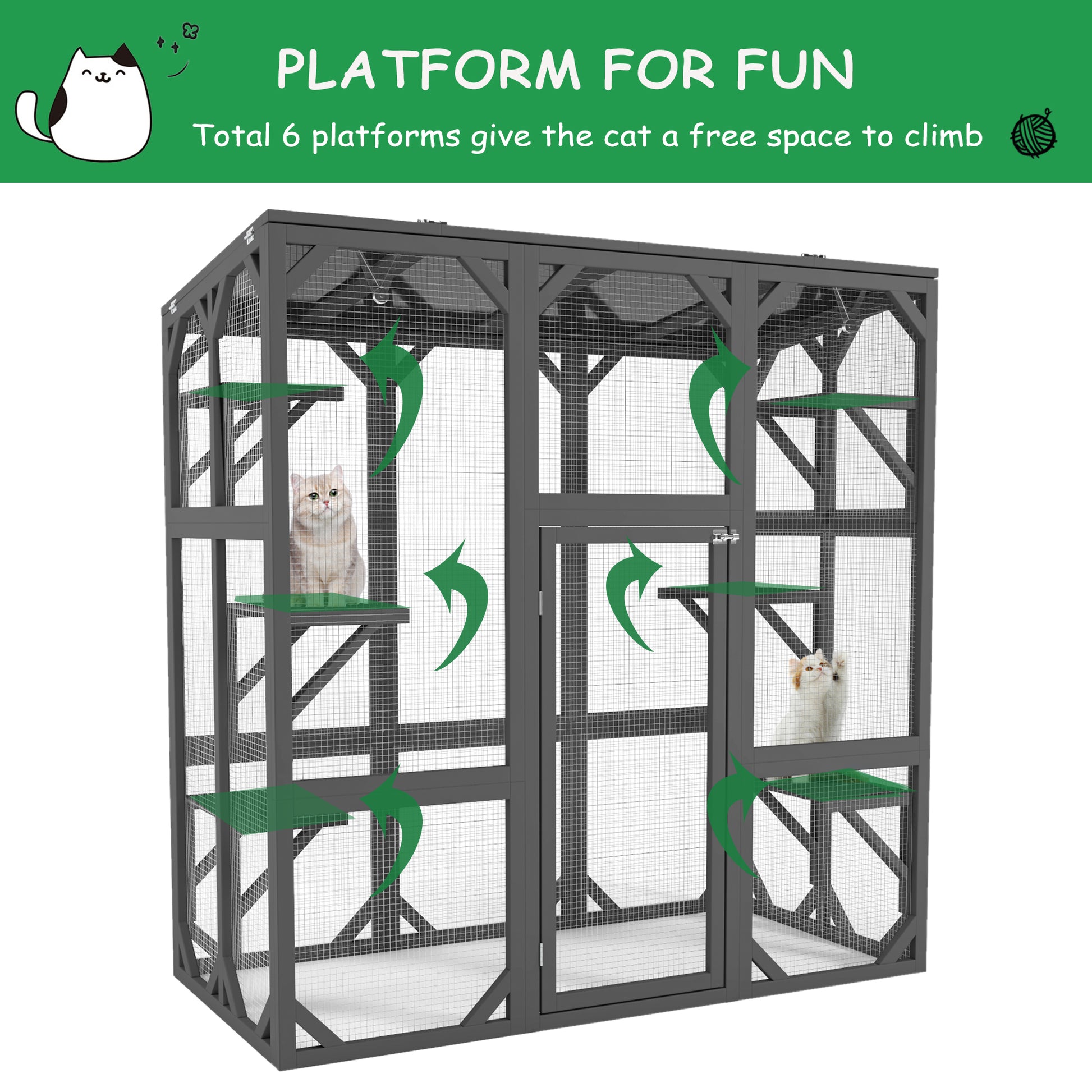 Catio Outdoor Cat Enclosure Cat House Wooden Cat Cage Large Feral Cat Shelter For Mulitiple Cats With Six Platforms, Large Enter Door, Waterproof Roof 60" Grey Gray Pet Barrier Wood