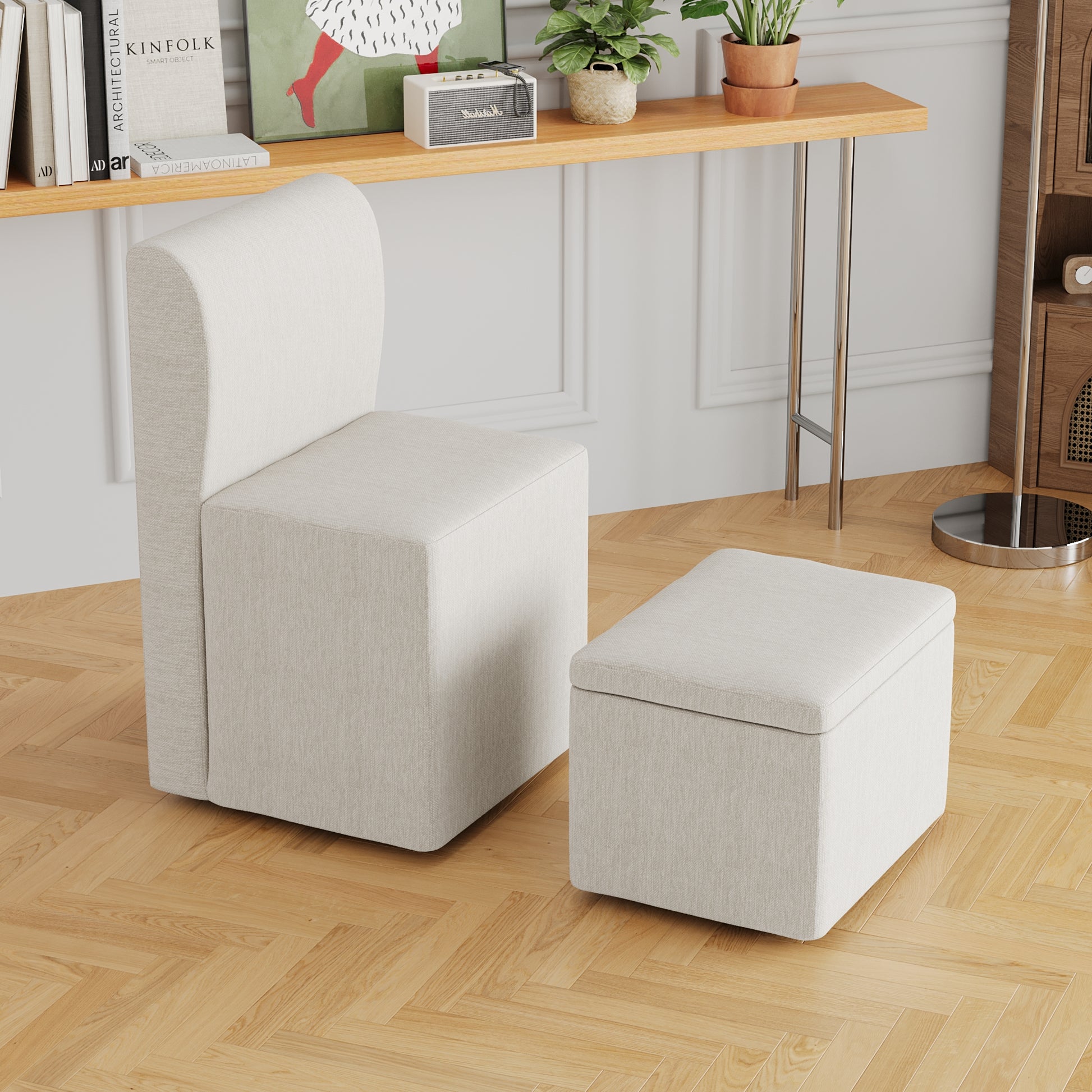 Two Piece Set Of Wheeled Dining Chairs, Modern Rolling Dining Chairs, Footstools With Wheels, Suitable For Bedrooms, Reading Rooms, Living Rooms, Beige Linen Chairs Beige Foam Linen