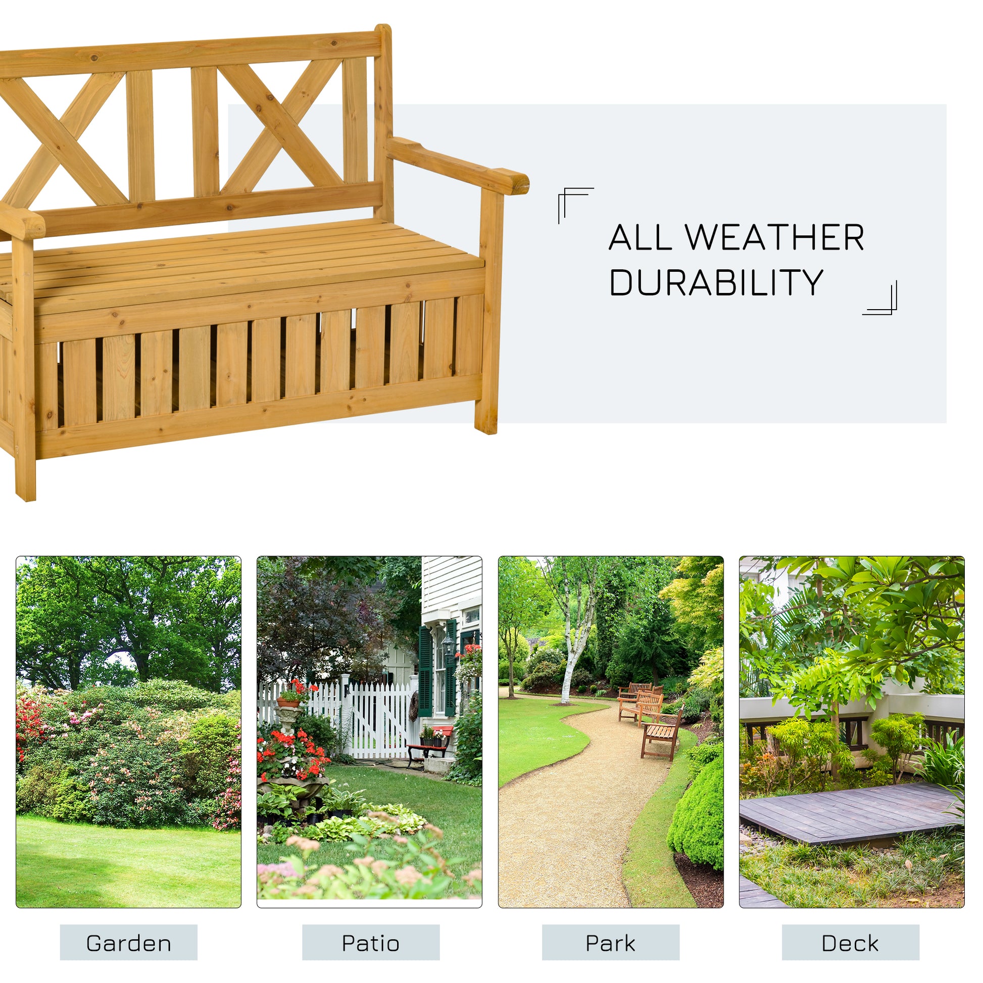 Outsunny Patio Wooden Bench With Storage Box, 29 Gallon Outdoor Storage Bench, Large Entryway Deck Box W Unique X Shape Back, For Deck, Porch & Balcony, Yellow Yellow Wood