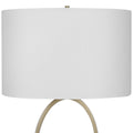 27 Inch Metal Table Lamp, Oval Center Ring, Gold, White Gold White Fabric Metal