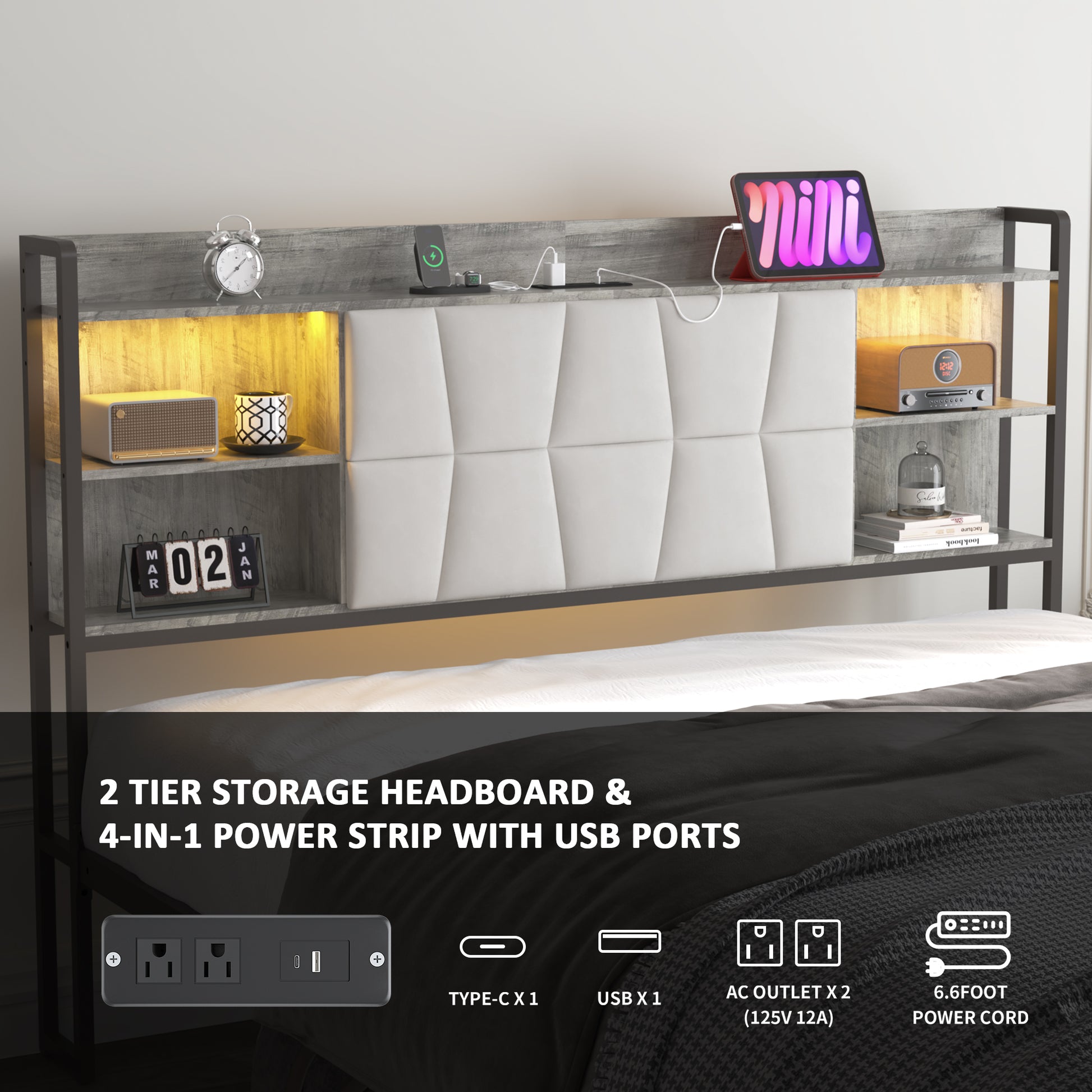 Queen Size Bed Frame With Led Light & Power Outlet, Platform Bed With Upholstered Headboard And Storage, Sturdy Metal Slats Support, No Box Spring Needed, Easy Assembly, Noise Free Box Spring Not Required Queen Ancient Oak Metal Bedroom Modern Bed Frame